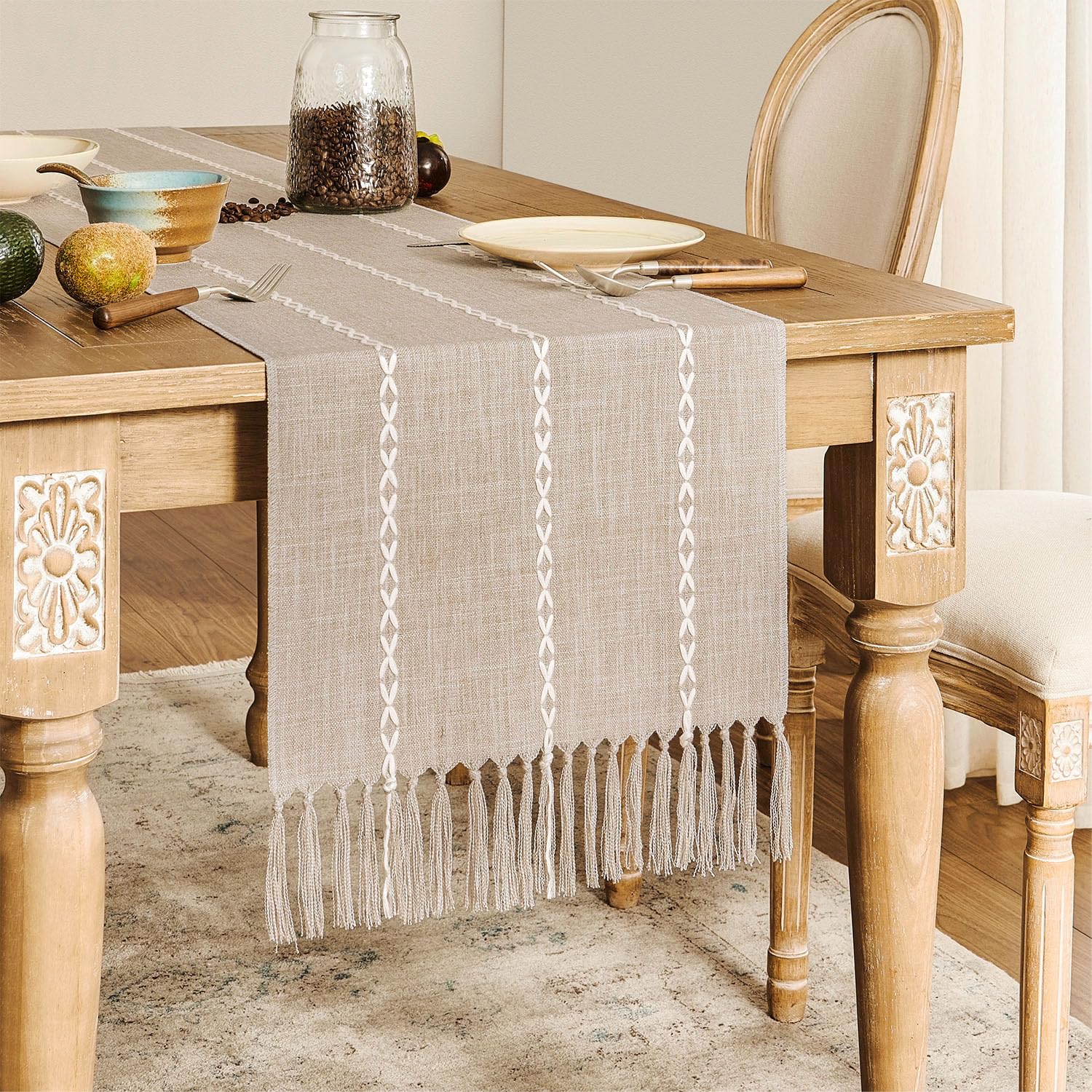 Zeemart Farmhouse Table Runner, Rustic Table Runners 90 Inches Long, Linen Boho Table Runner, Braided Striped Coffee Table Runne