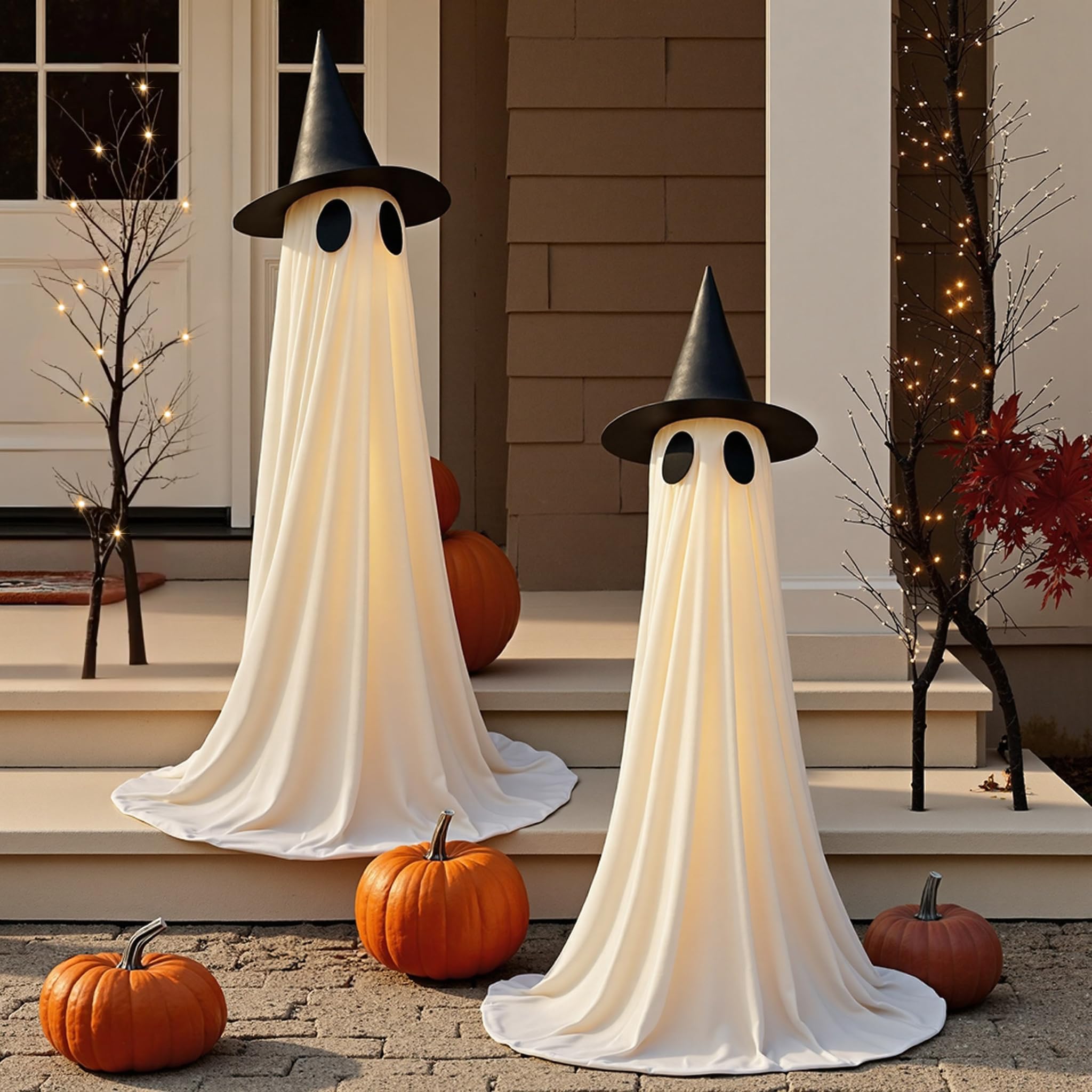 2 Packs Halloween Decorations Outdoor, 5Ft Wind-Resistant Ghost Decor with USB String Lights, Scary Door Decoration Outside Euip