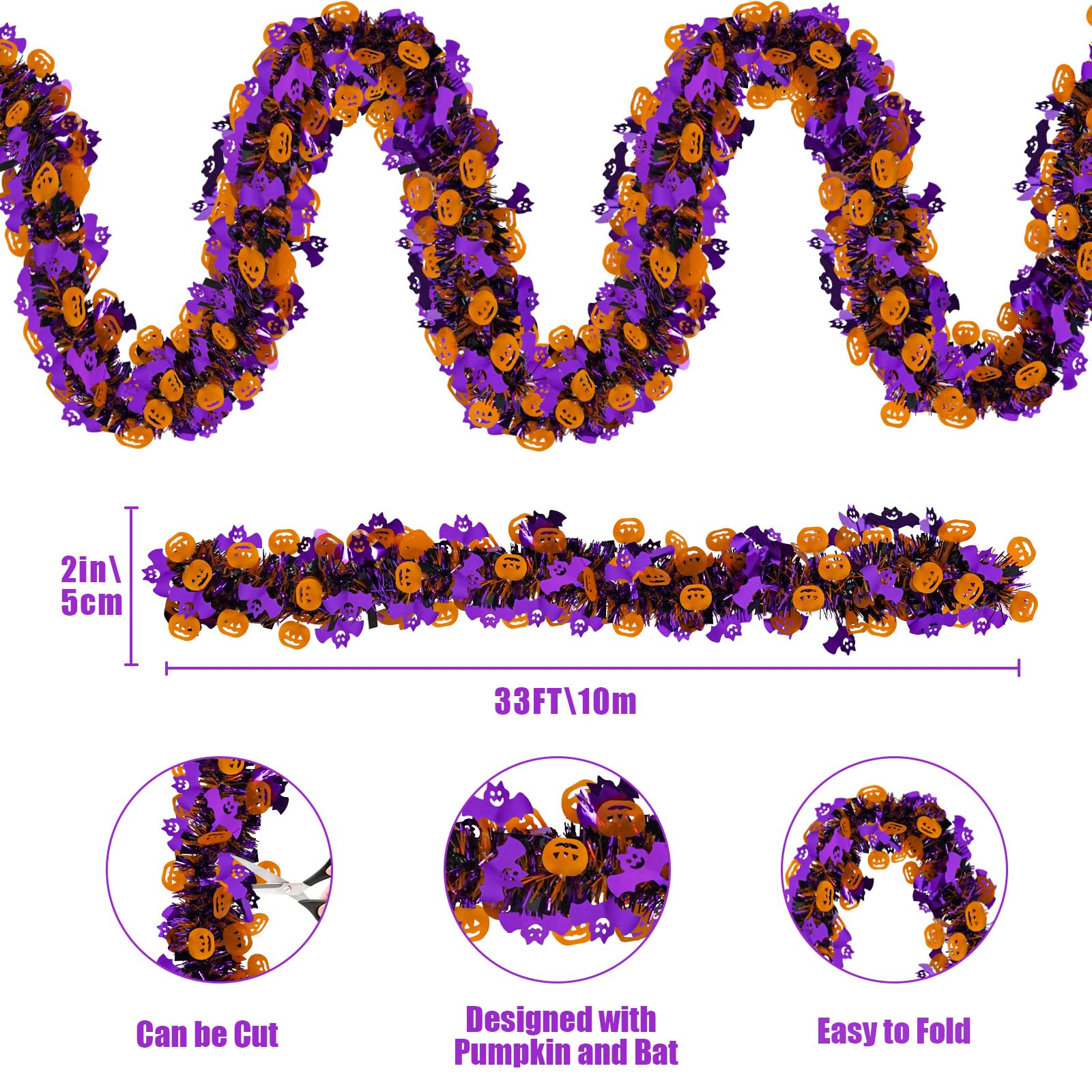 Caplidou 2 Pack 66 FT Halloween Tinsel Garland with Orange Pumpkin Purple Bat Metallic Twist for Tree Party Porch Mantel Door Fi