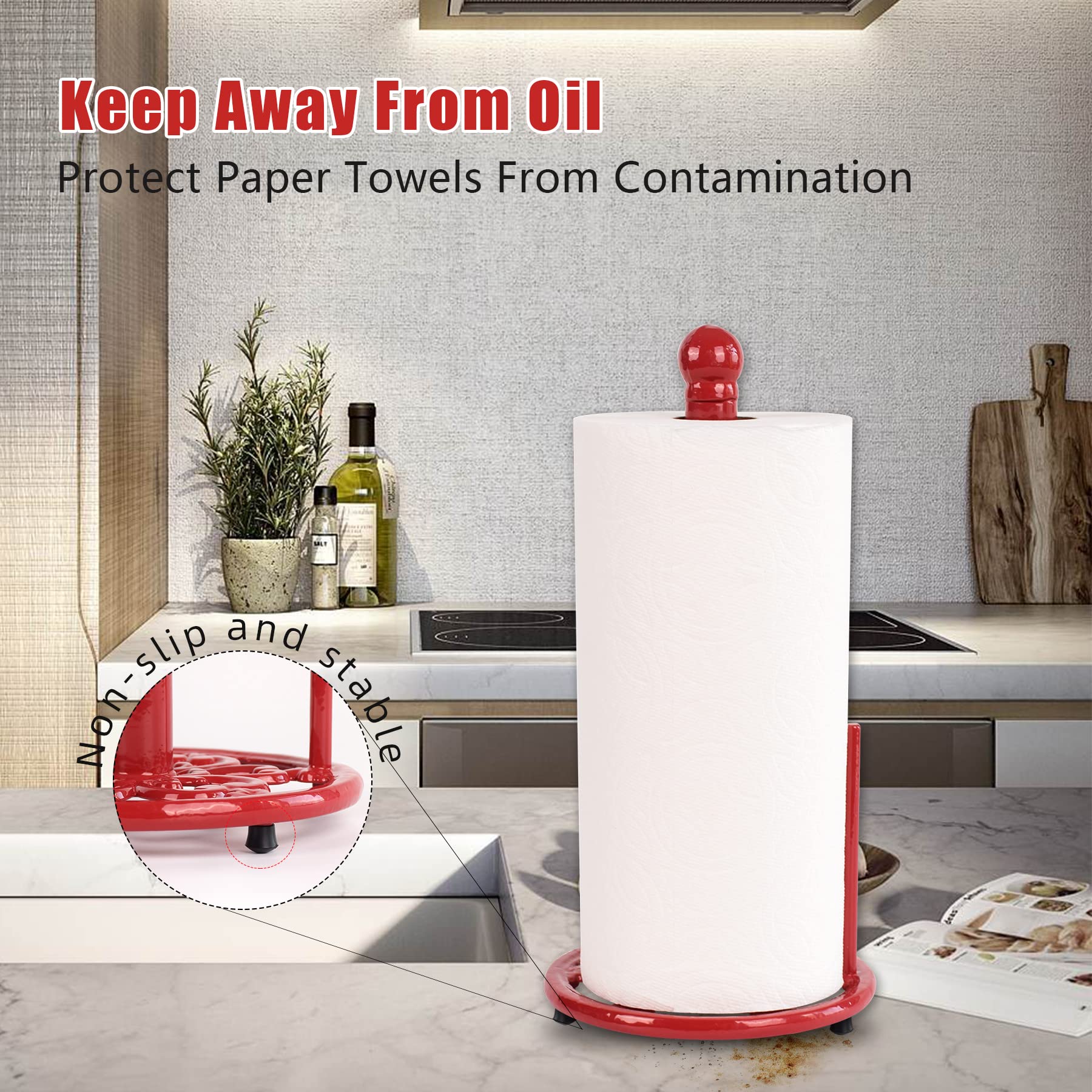 Minluful Vintage Red Cast Iron Paper Towel Holder - Weighted Base, One-Handed Tear For Kitchen Countertops