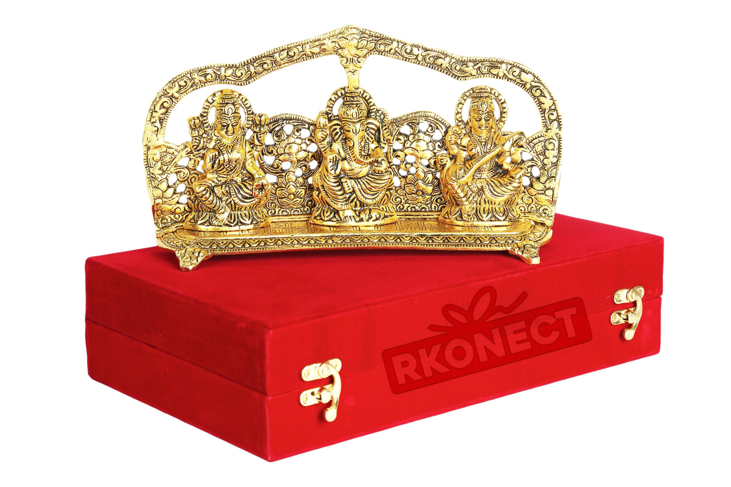 Rkonect Gold Plated Metal Laxmi Ganesh Saraswati Idol Murti Statue Under Velvet Gift Box With 6 Piece Diya || Size:- L 24 W 5 H