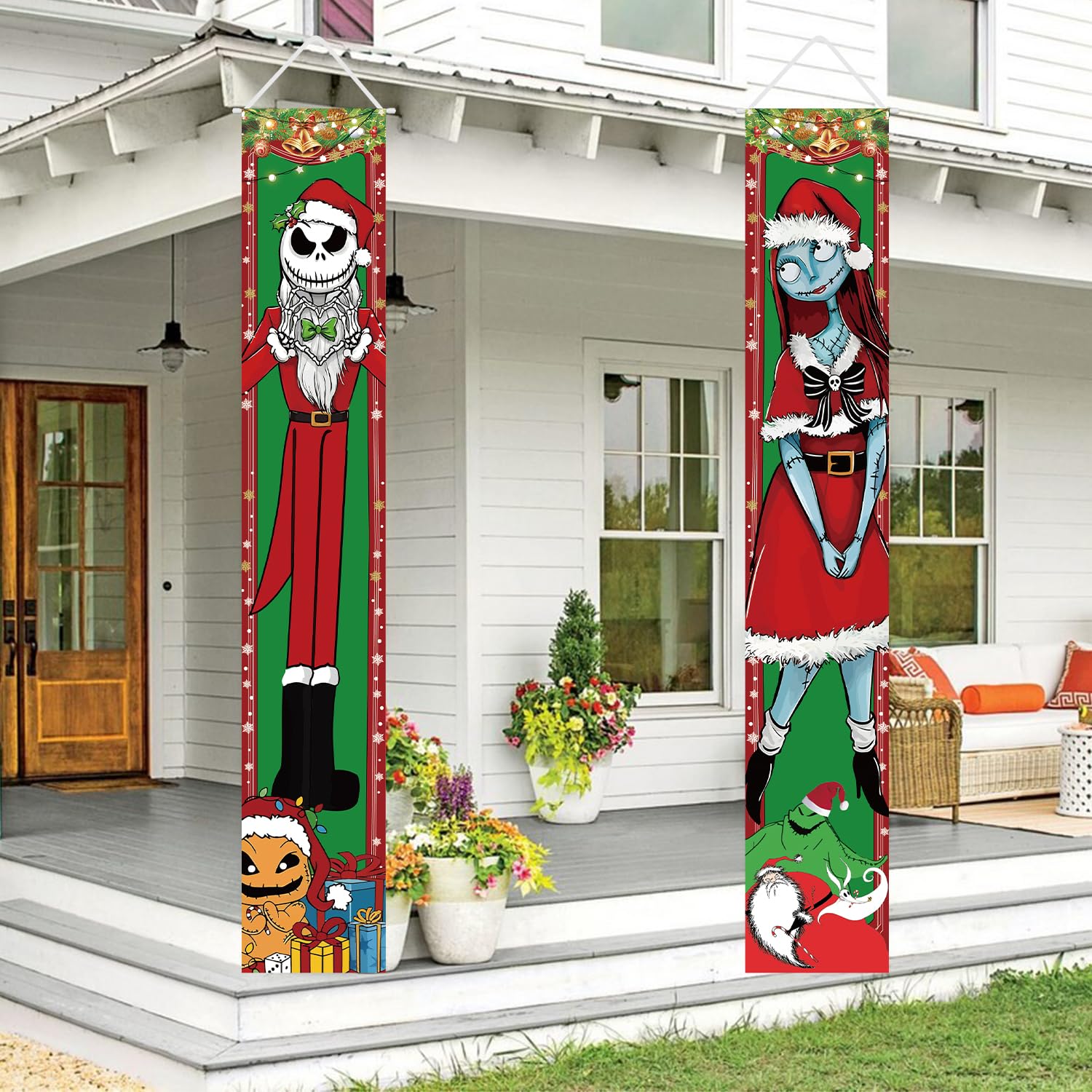 Jack Skellington Sally Banner Nightmare Before Christmas Decorations Porch Door Sign Welcome Banner Indoor Outdoor Wall Home Par