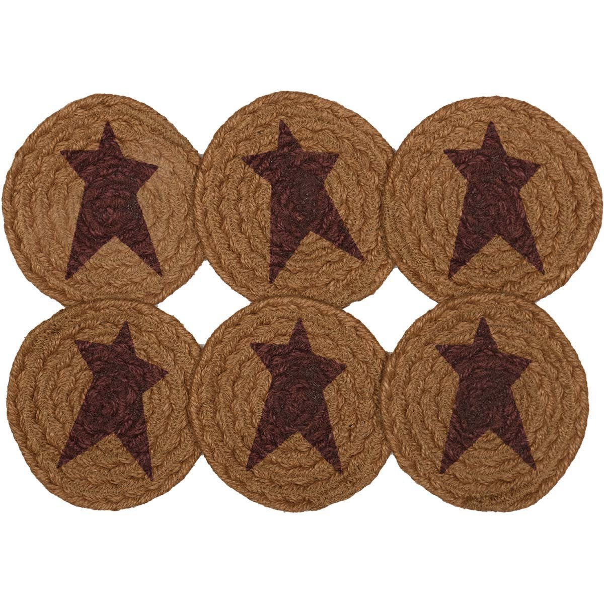 Vhc Brands Heritage Farms Primitive Coaster Star Set Of 6 Stenciled Textured Jute Round 4''