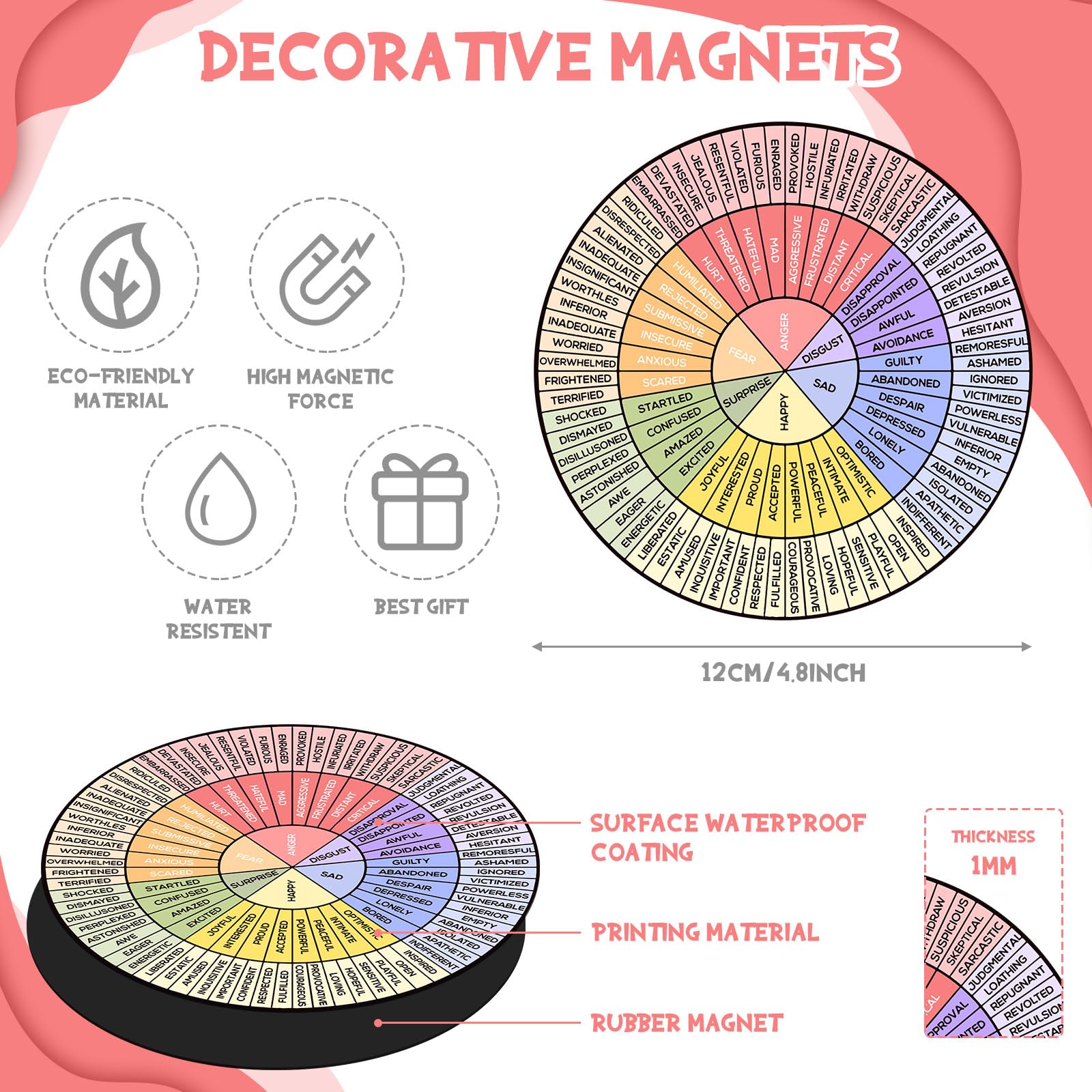 Weewooday 3 Pcs Emotion Wheel Magnet 4.8 Inch Feelings Wheel Magnet Feelings Emotions Chart Fridge Mental Health Gifts Social Co
