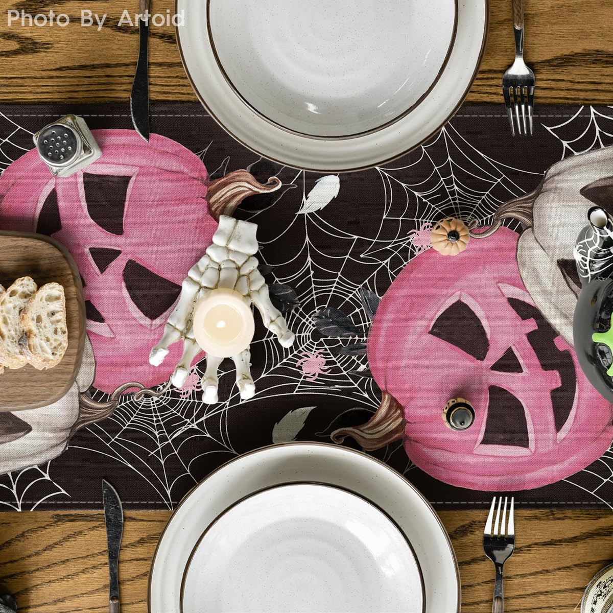 Artoid Mode Pink Pumpkins Spider Web Halloween Table Runner, Seasonal Fall Black Kitchen Dining Table Decoration For Home Party