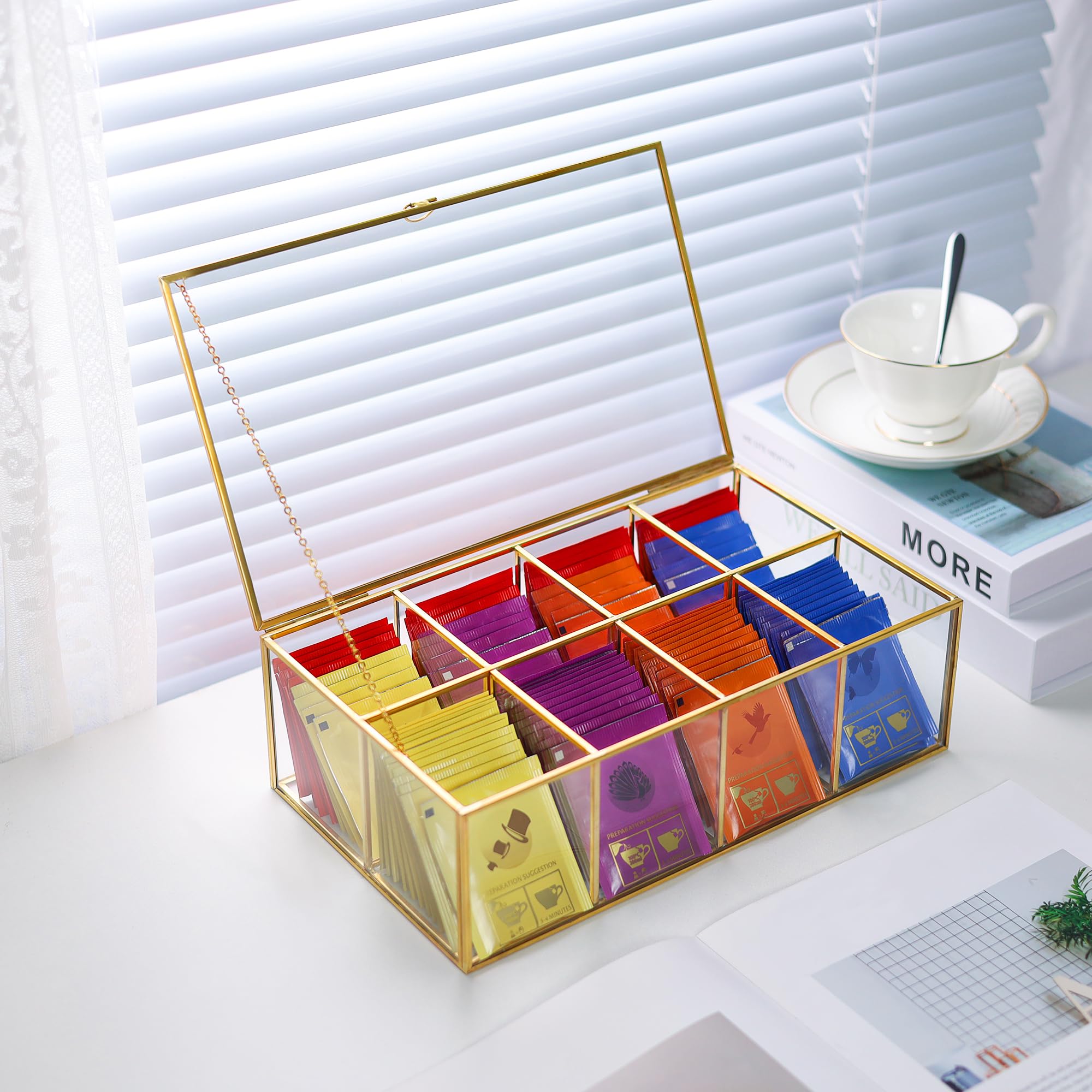 Redhugo Glass Tea Bag Organizer With 8 Compartments, Handmade Large Tea Bag Storage Box For Counter Kitchen, Tea Bag Holder,Tea