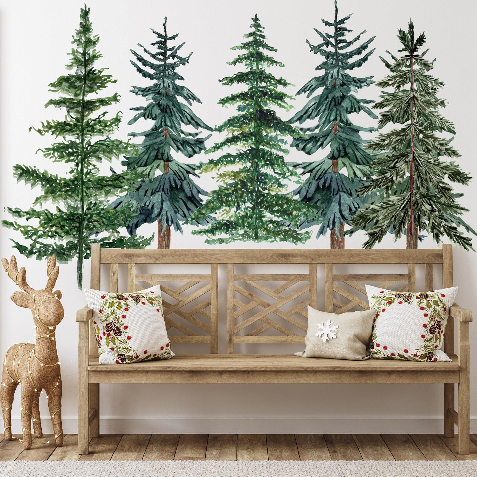 JarThenaAMCS 6 Rolls Christmas Watercolor Pine Tree Wall Stickers 35.4 x 71 Inch Forest Wall Decals Large Room Mural Stickers fo