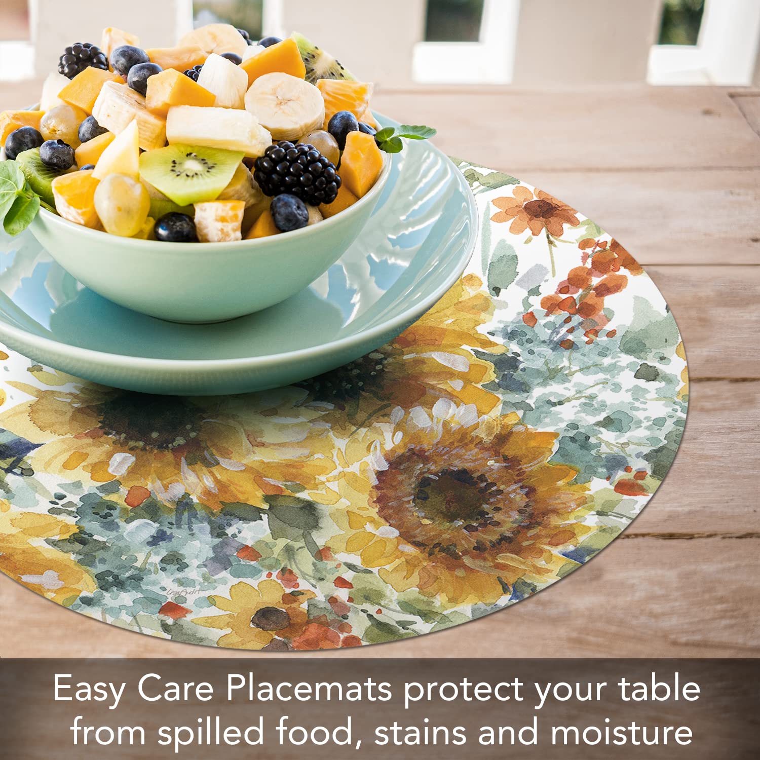 Counterart Sunflowers Forever 4 Pack Round Reversible Easy Care Flexible Plastic Placemats Made In The Usa Reversible Flexible E