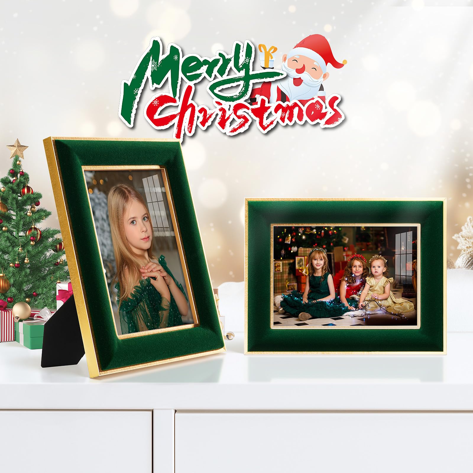 KSROECUD 5x7 Velvet Picture Frame, Green Photo Frames with Modern Simple Metallic Gold Border, HD Real Glass Horizontal & Vertic