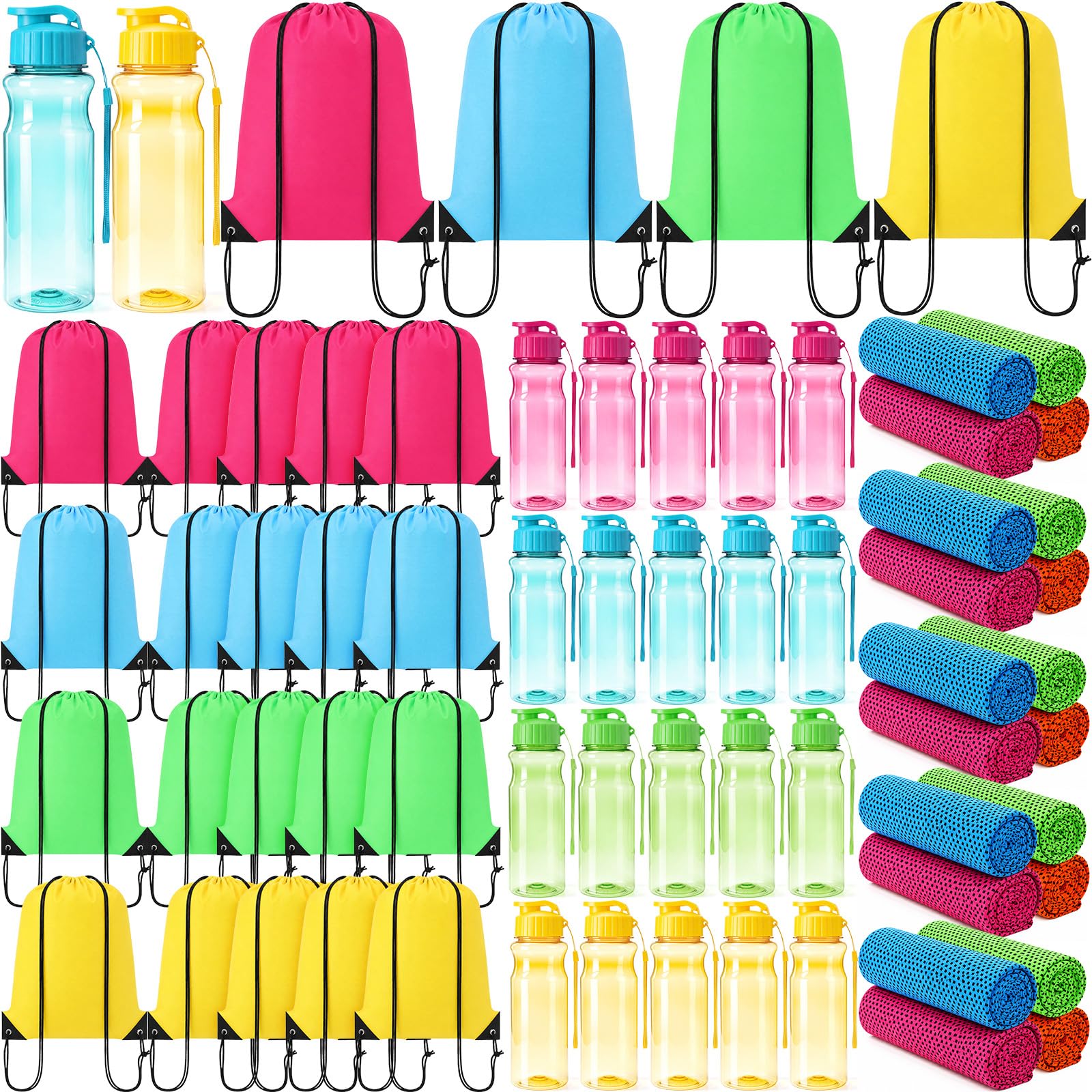 Ferrochef 60 Pcs Sports Water Bottle Drawstring Bag Cooling Towel Set includes 20 17 oz Plastic Water Bottles Bulk 20 Drawstring
