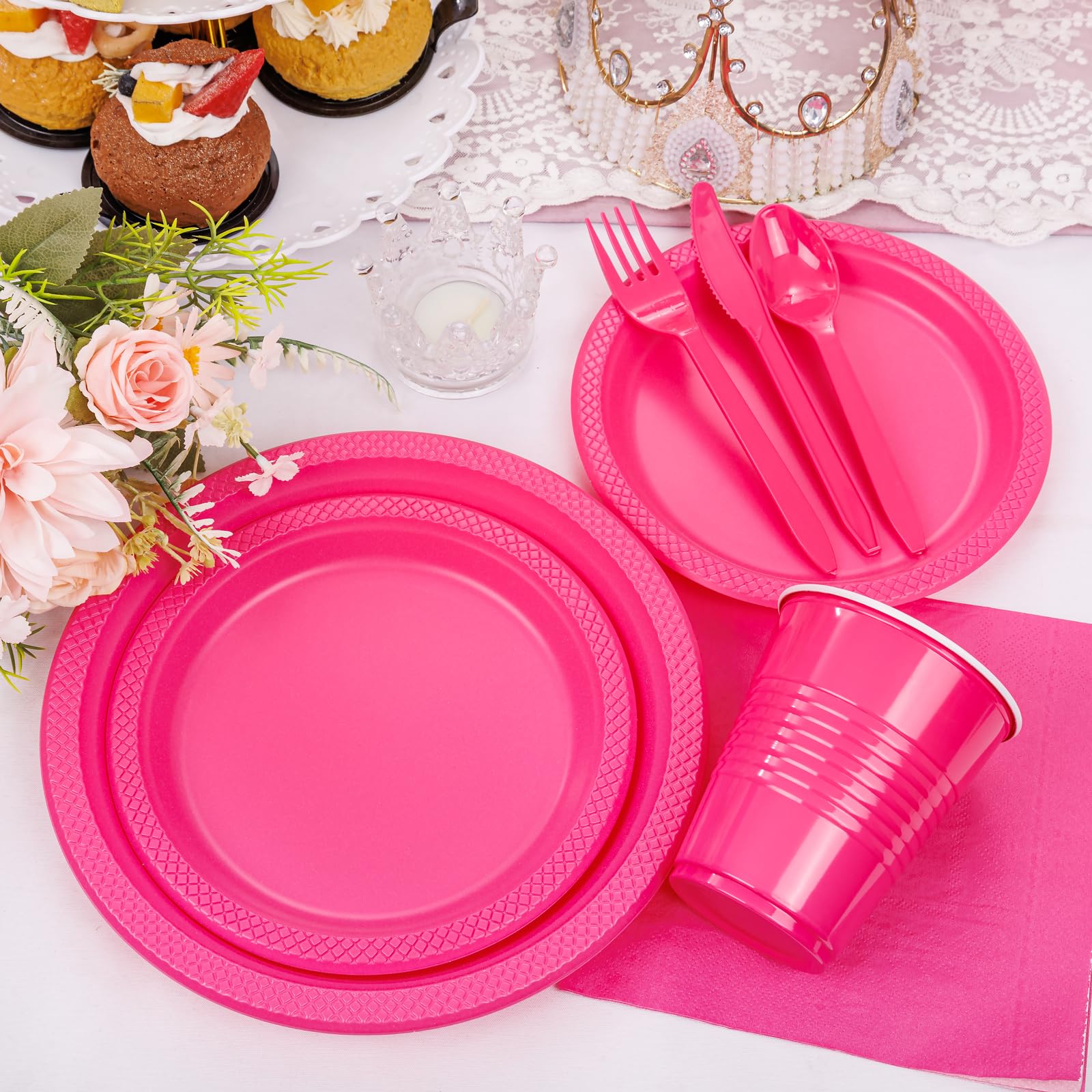 Wellife 210 Pieces Valentines Hot-Pink Party Supplies - Hot Pink Plastic Dinnerware Set, Including Hot Pink Plastic Plates And N