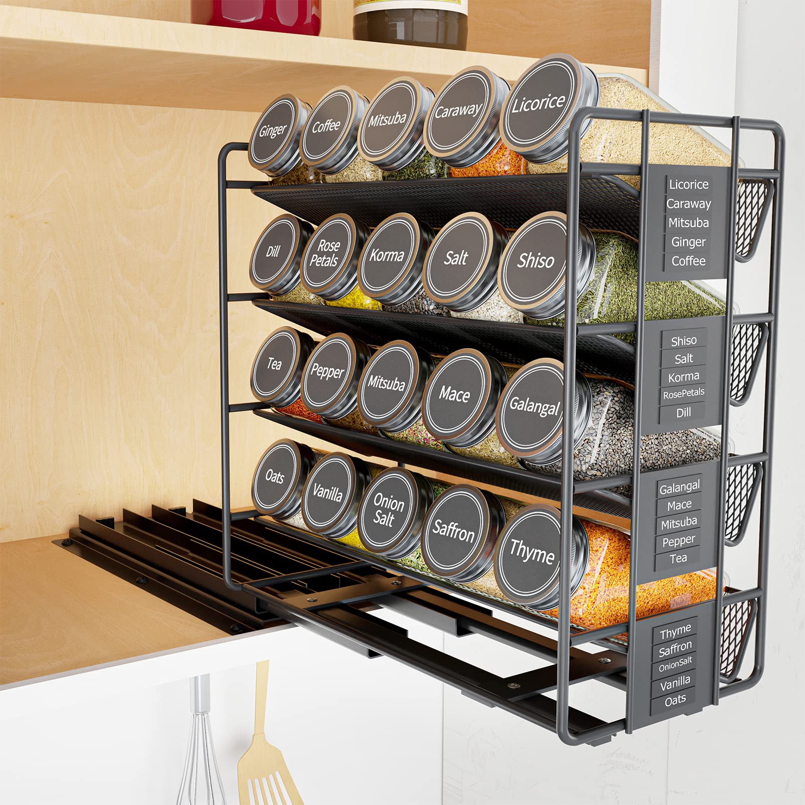 Spaceaid Pull Out Spice Rack Organizer With 20 Jars, Heavy Duty Slide Out Seasoning Organizer For Kitchen Cabinets, With 801 Lab