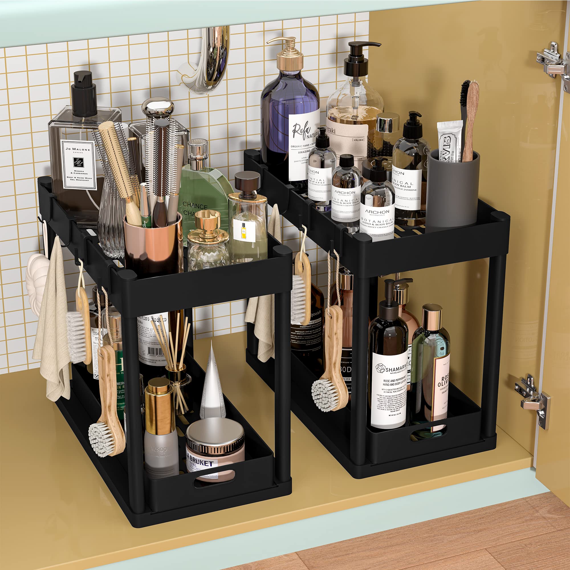 Pougny 2Pc Under Sink Organizer Rack 2 Tier Under Sliding Cabinet Basket Organizer Drawer With 4 Hooks, Multi-Purpose Under Sink