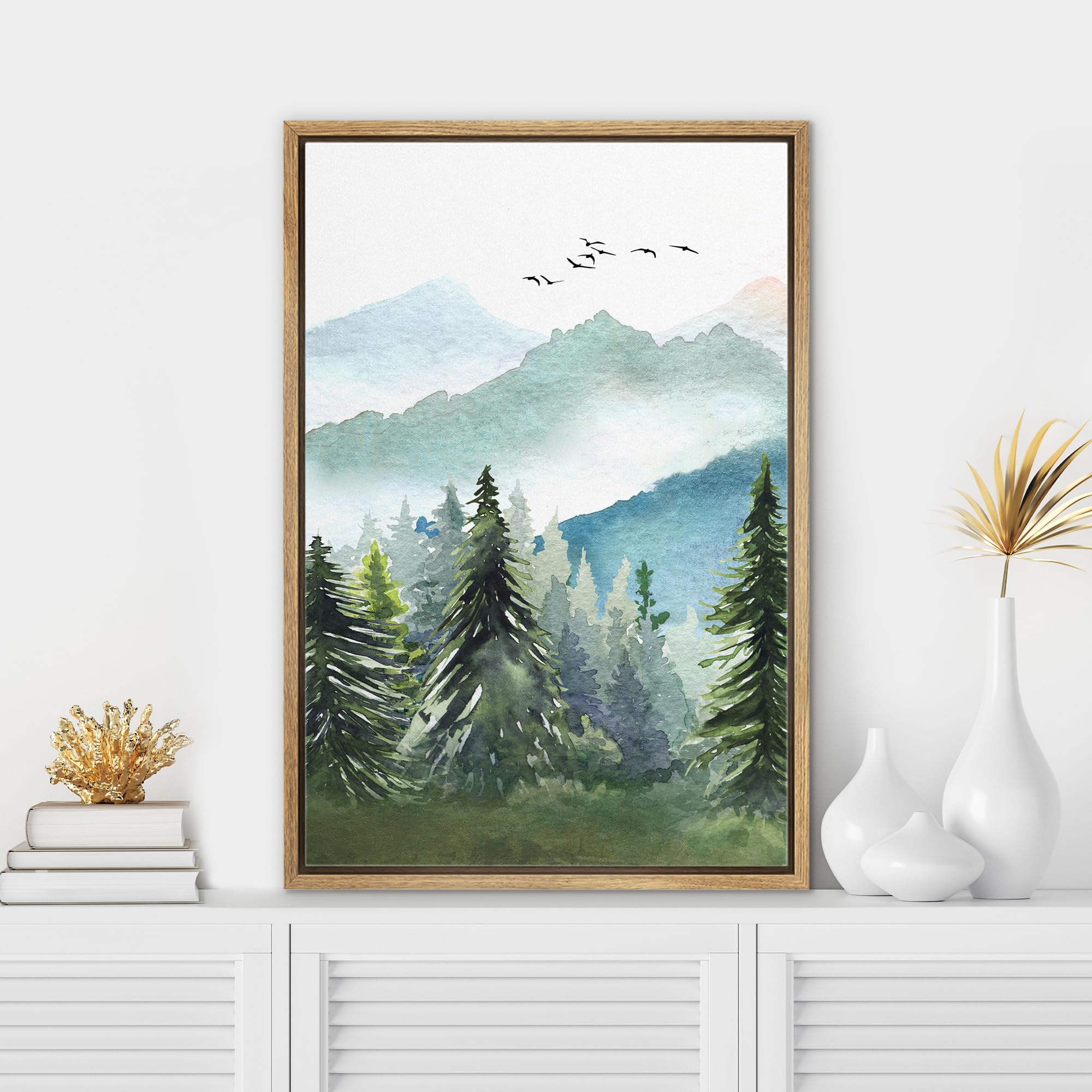 SIGNWIN Framed Canvas Print Wall Art Watercolor Green Forest Tree Mountain Range Nature Landscape Prints Modern Art Woodland Nursery Decor for Living Room  Bedroom  Office - 24''x36'' NATURAL