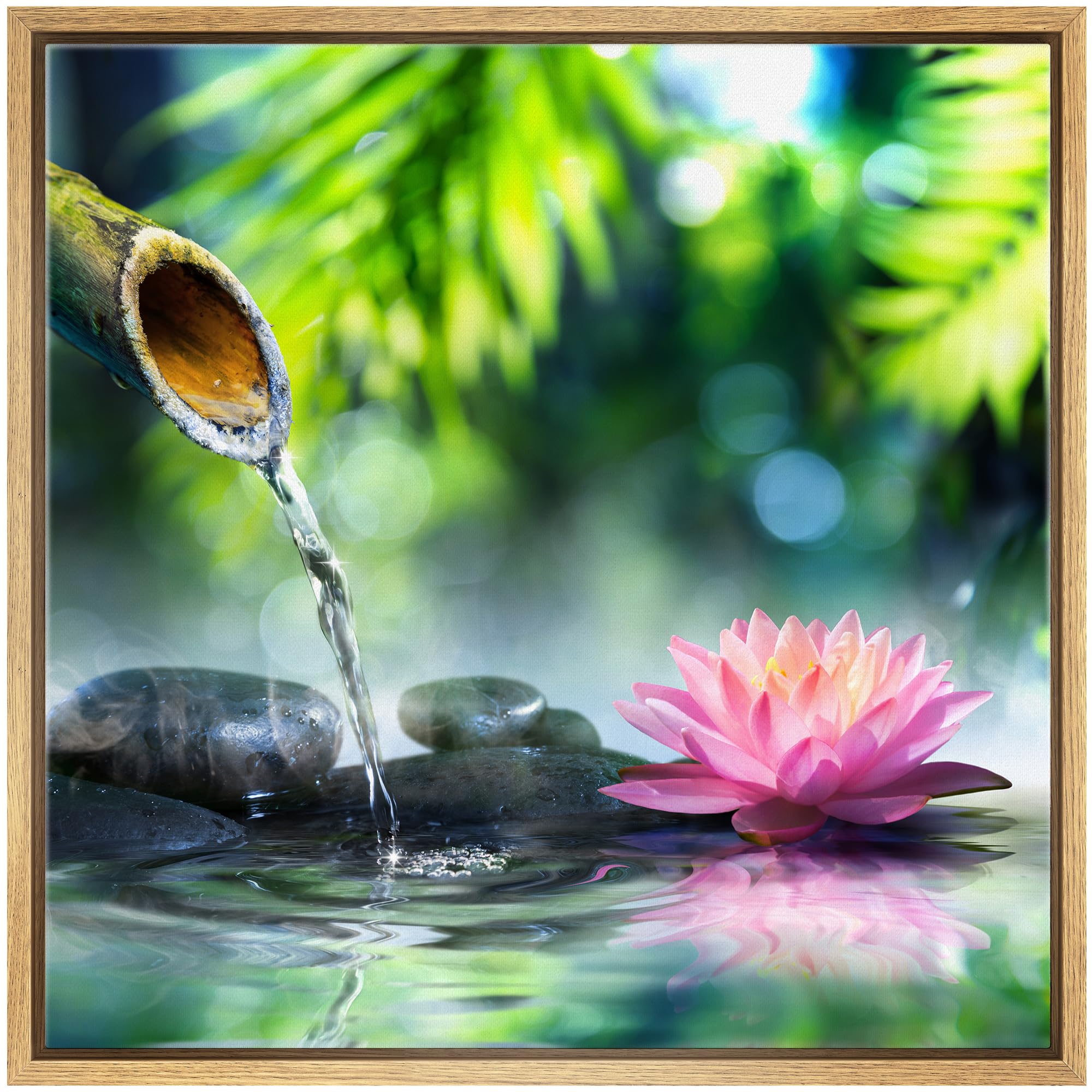 Wall26 Framed Canvas Print Wall Art Zen Garden With Bamboo And Pink Water Lily Floral Nature Digital Art Modern Art Rustic Relax