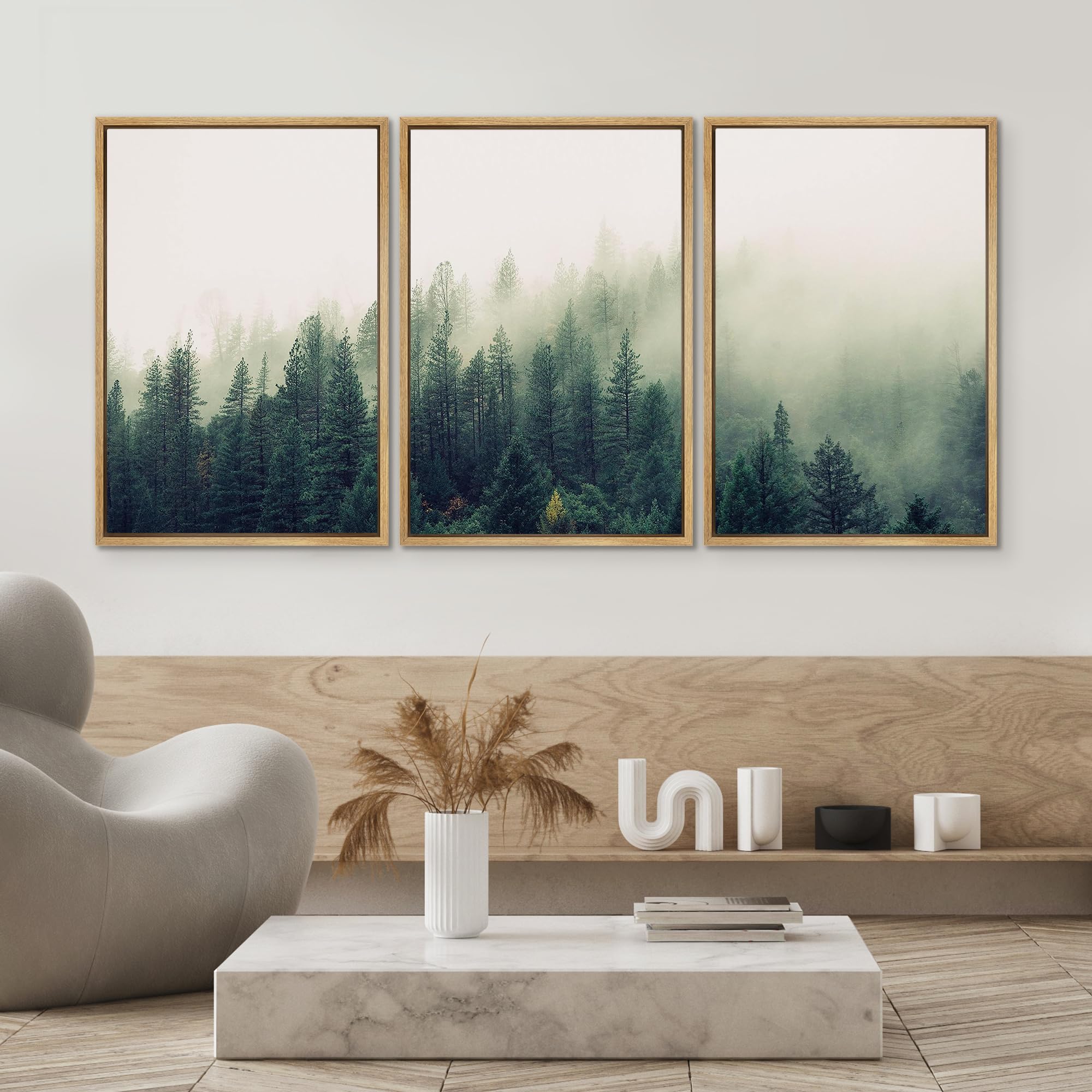 Signwin 3 Piece Framed Canvas Wall Art Green Foggy Mountains Nature Wilderness Photography Abstract Rustic Aerial Canvas Prints