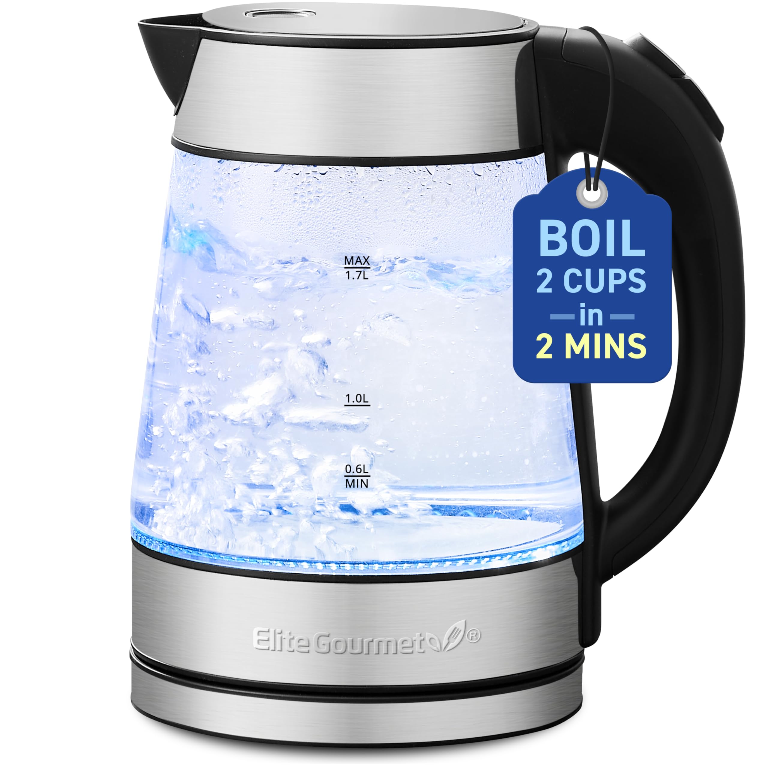 Elite Gourmet Electric Glass Kettle, 1.8 Qt, BPA-Free, Cordless with 360° Base, Stylish Blue LED, Model EKT-602
