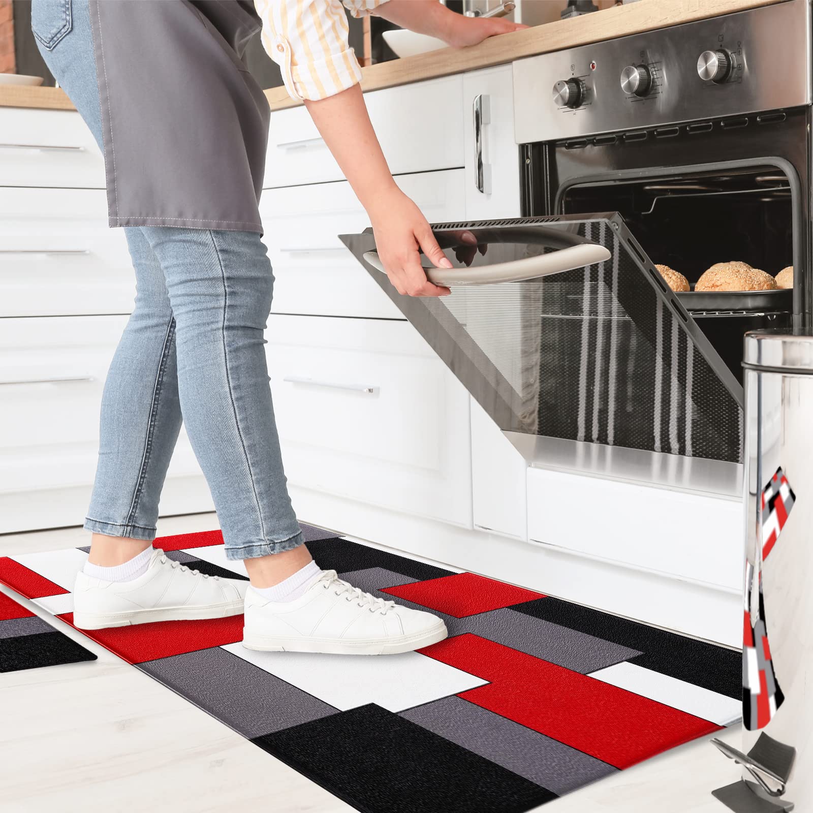 Black,White,Red And Grey Kitchen Rug Set 2 Piece Abstract Geometric Art Cushioned Abstract Modern Mats For Laundry (Geometric Ar