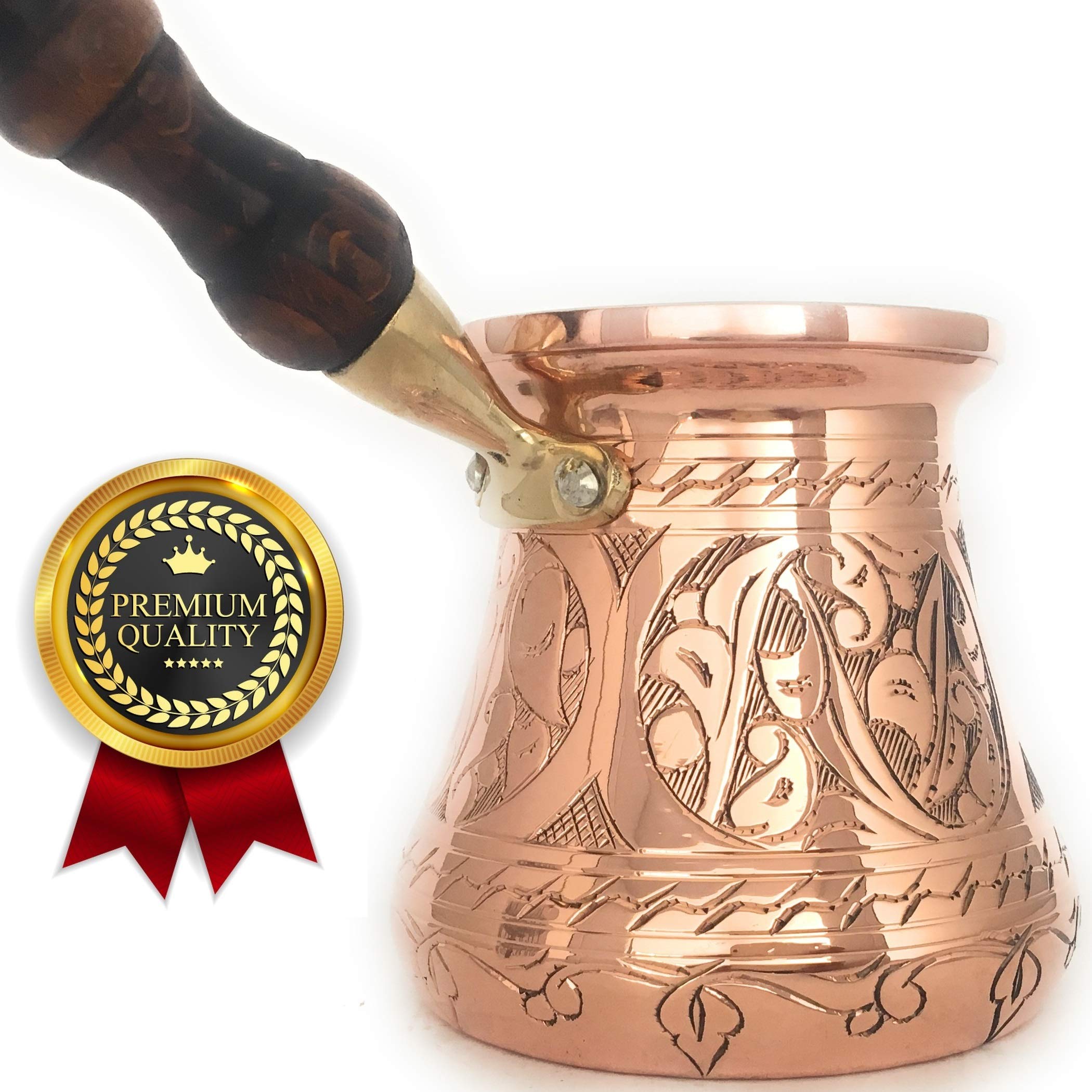 Pc Series (Large - 14 Fl Oz) - Thickest Solid Copper Engraved Turkish Greek Arabic Coffee Pot Wooden Handle Heavy Duty, Stovetop