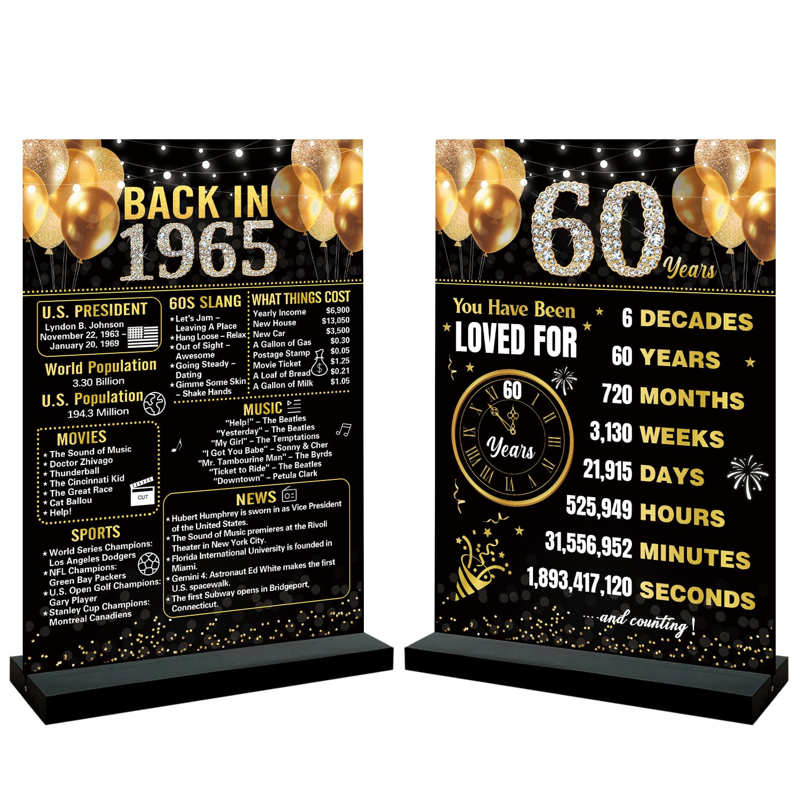 Trgowaul 60Th Birthday Decorations Women Men, Black Gold Back In 1965 Birthday Poster Acrylic Table Sign With Stand, 60Th Annive