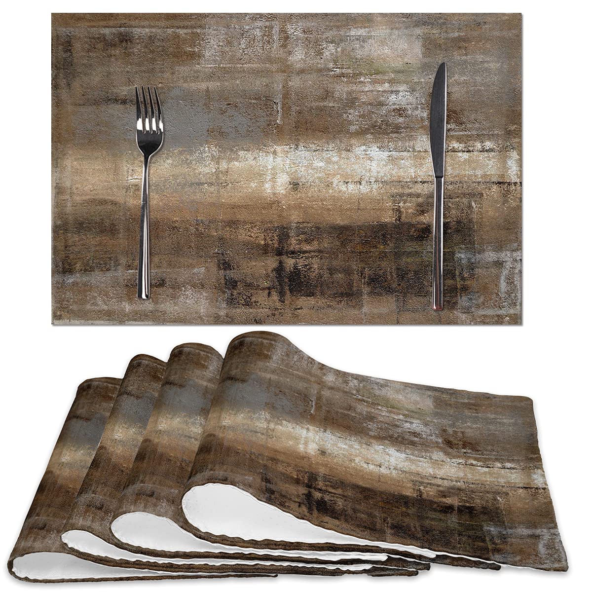 Brown And Grey Placemats, Modern Abstract Art Placemats Set Of 4, Heat Resistant Non-Slip Artwork Dining Placemats, Washable Pla