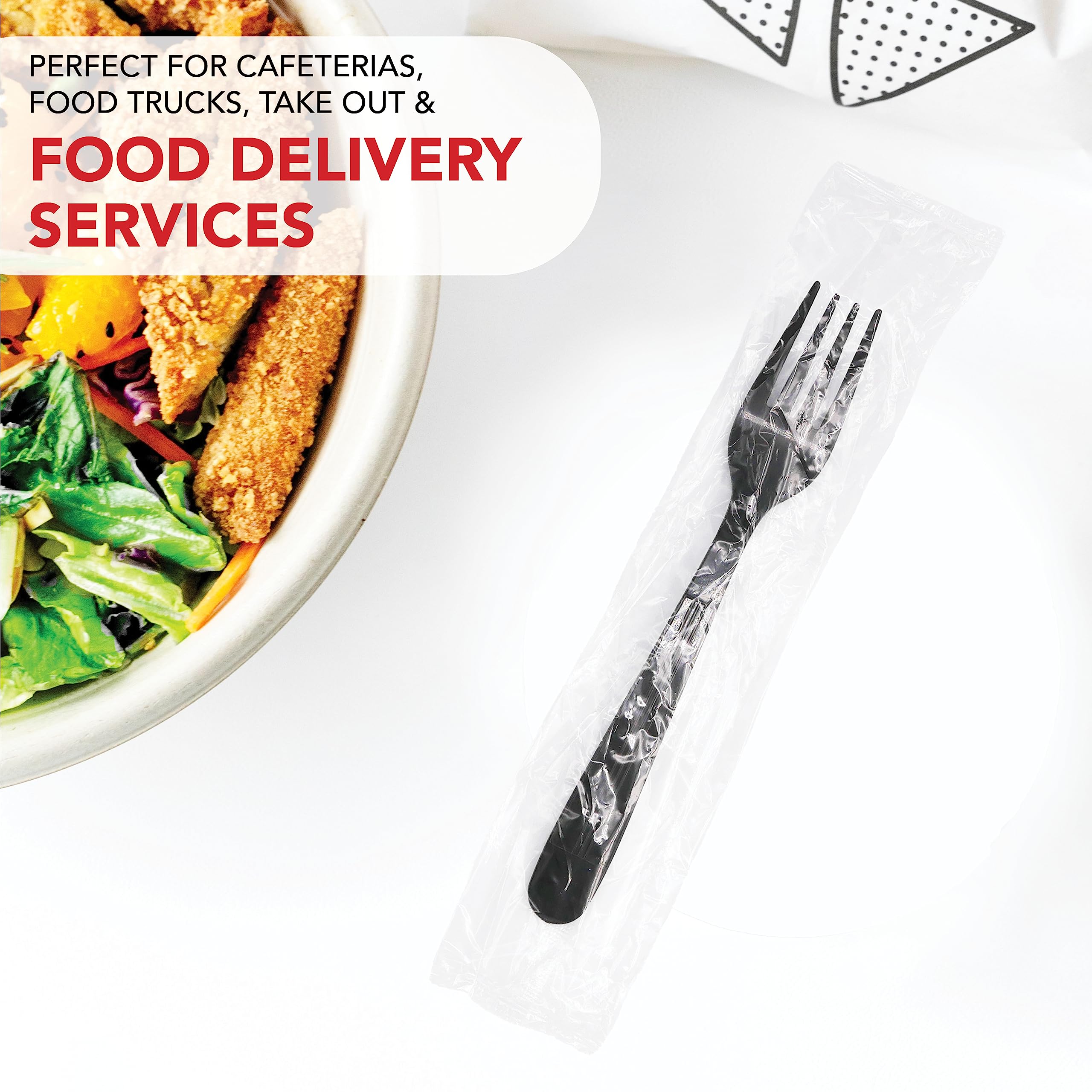 Party Essentials Individually Wrapped Black Plastic Utensil Sets/Heavy Duty Flatware Packs, Fork, 100 Sets
