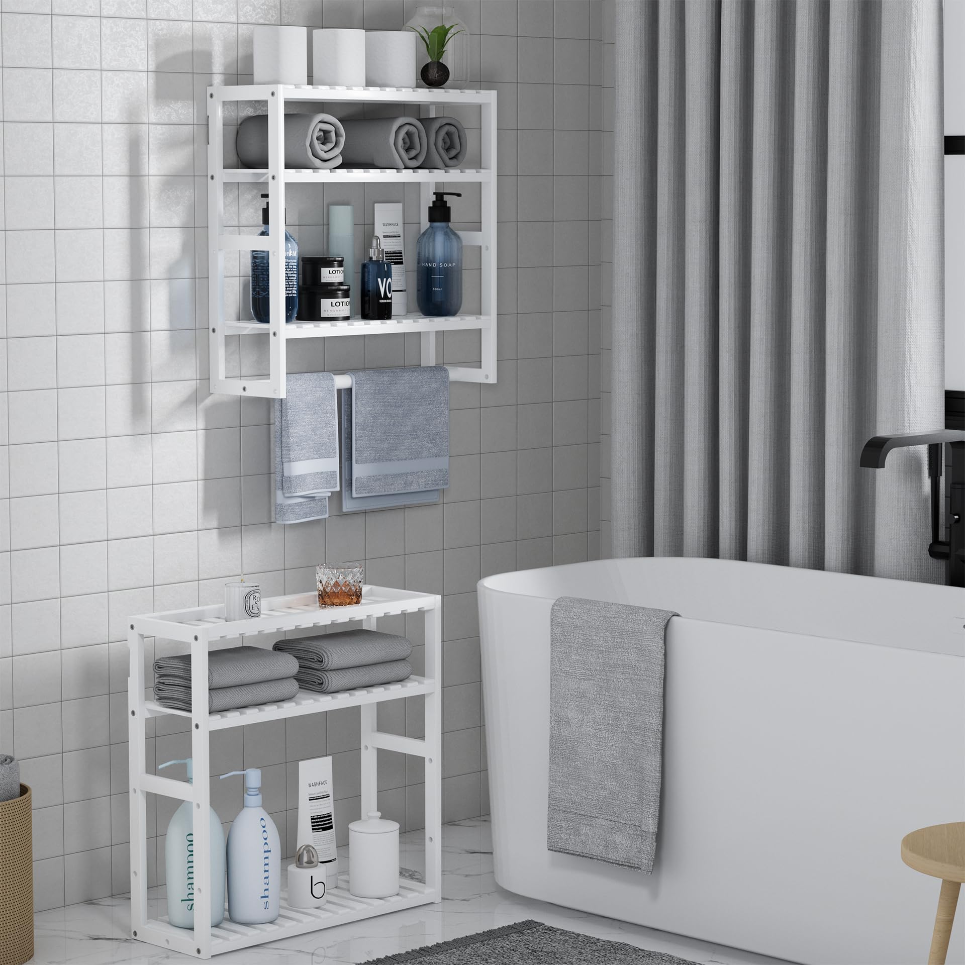 Ppn Towel Rack Bathroom Storage Shelves Over The Toilet With Towel Bar 100% Bamboo Adjustable Height Floating Shelf Wall Shower
