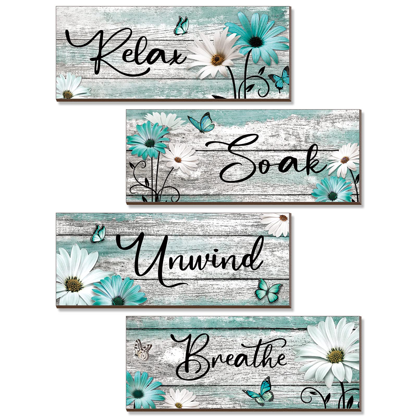 Sunnyray 4 Pcs Farmhouse Bathroom Wall Decor Sign Daisy Tulip Flowers and Butterfly Bathroom Wall Art Relax Soak Unwind Breathe 