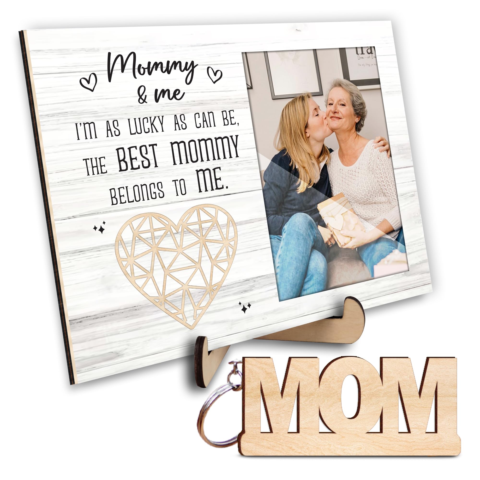 4x6 Covered Mommy and Me Picture Frame Portrait with Keychain, Im as Lucky as Can Be Wooden Photo Plaque Appreciation Mothers D