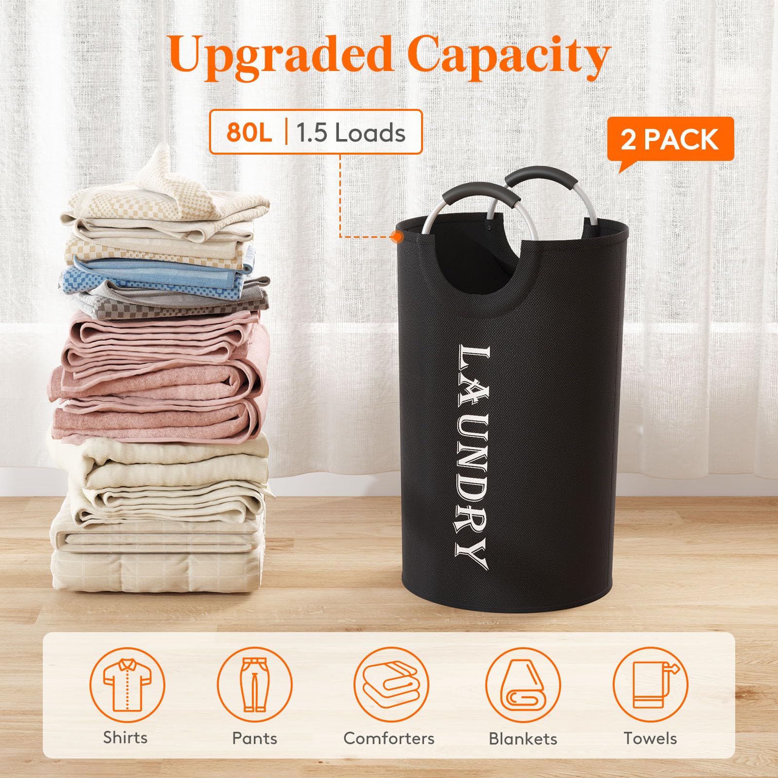 Lifewit 80L 2-Pack Large Laundry Basket, Collapsible Laundry Hamper With Aluminum Handles, Waterproof Freestanding Dirty Clothes