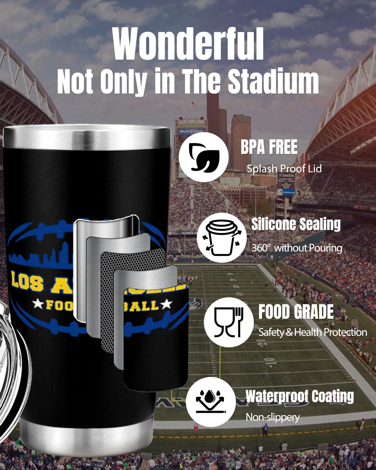 Football Fan 20 Oz Insulated Travel Coffee Cup Mug Tumbler with Lid Los Angele Themed Merch Shop Men Women Sport Stuff Gear Appa