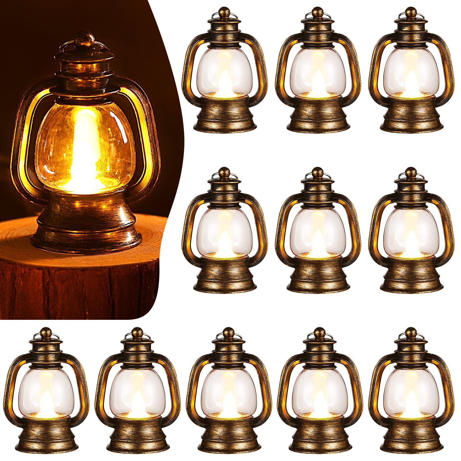 Ferraycle 12 Pcs Mini Lantern Decorative with LED Candle 4 Inch Small Hanging Lantern Ornaments Camping Table Centerpiece Vintag