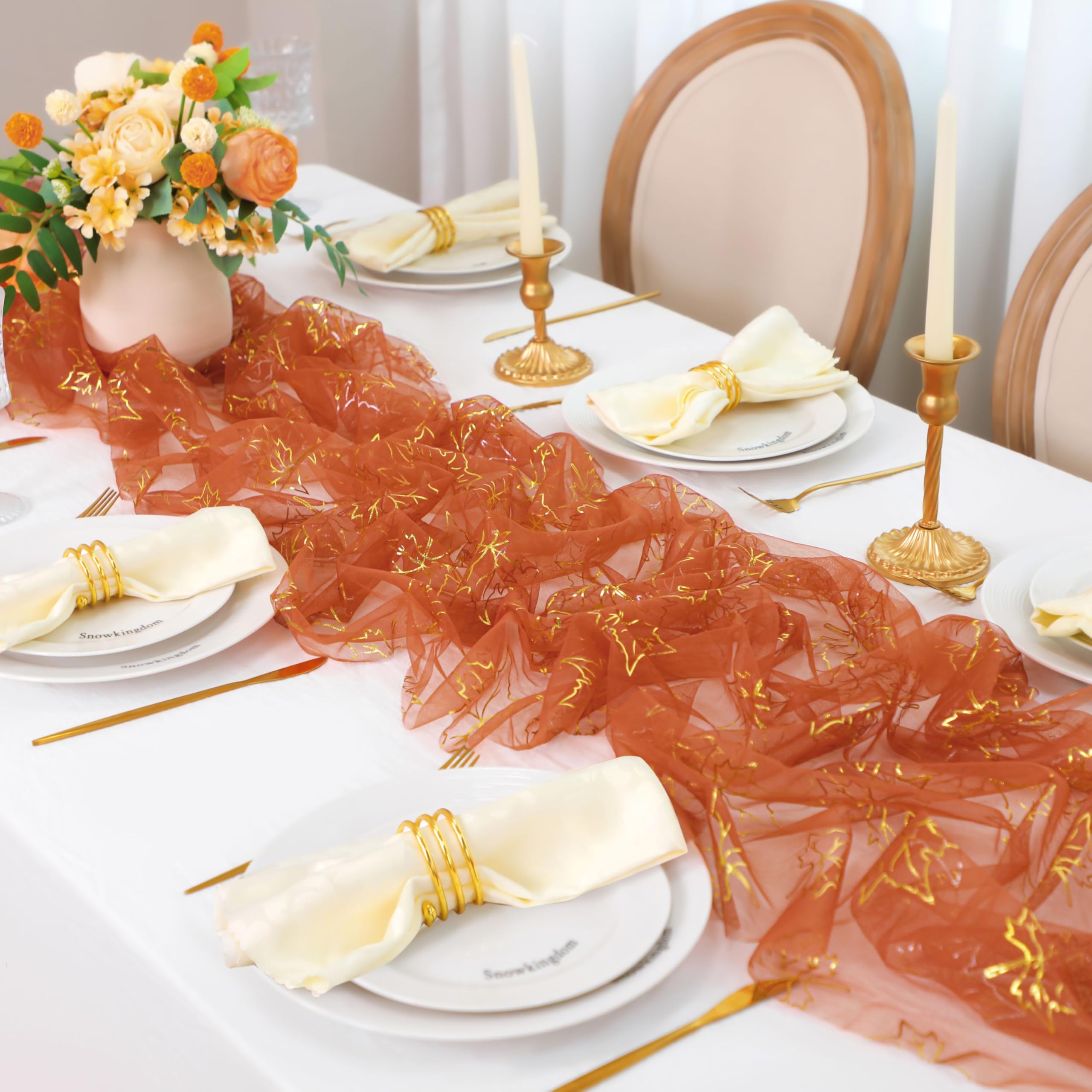 Snowkingdom Fall Thanksgiving Table Runner 10Ft, Gold Maple Leaves Burnt Orange Rust Sheer Tulle Gauze Cheesecloth, Golden Sequi