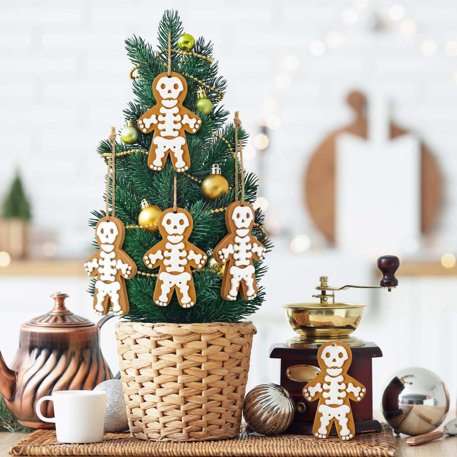 Halloscume 12 Pcs Christmas Skeleton Ornaments for Tree Resin Gingerbread Skull Hanging Winter Xmas Cute Ornaments with Ropes fo