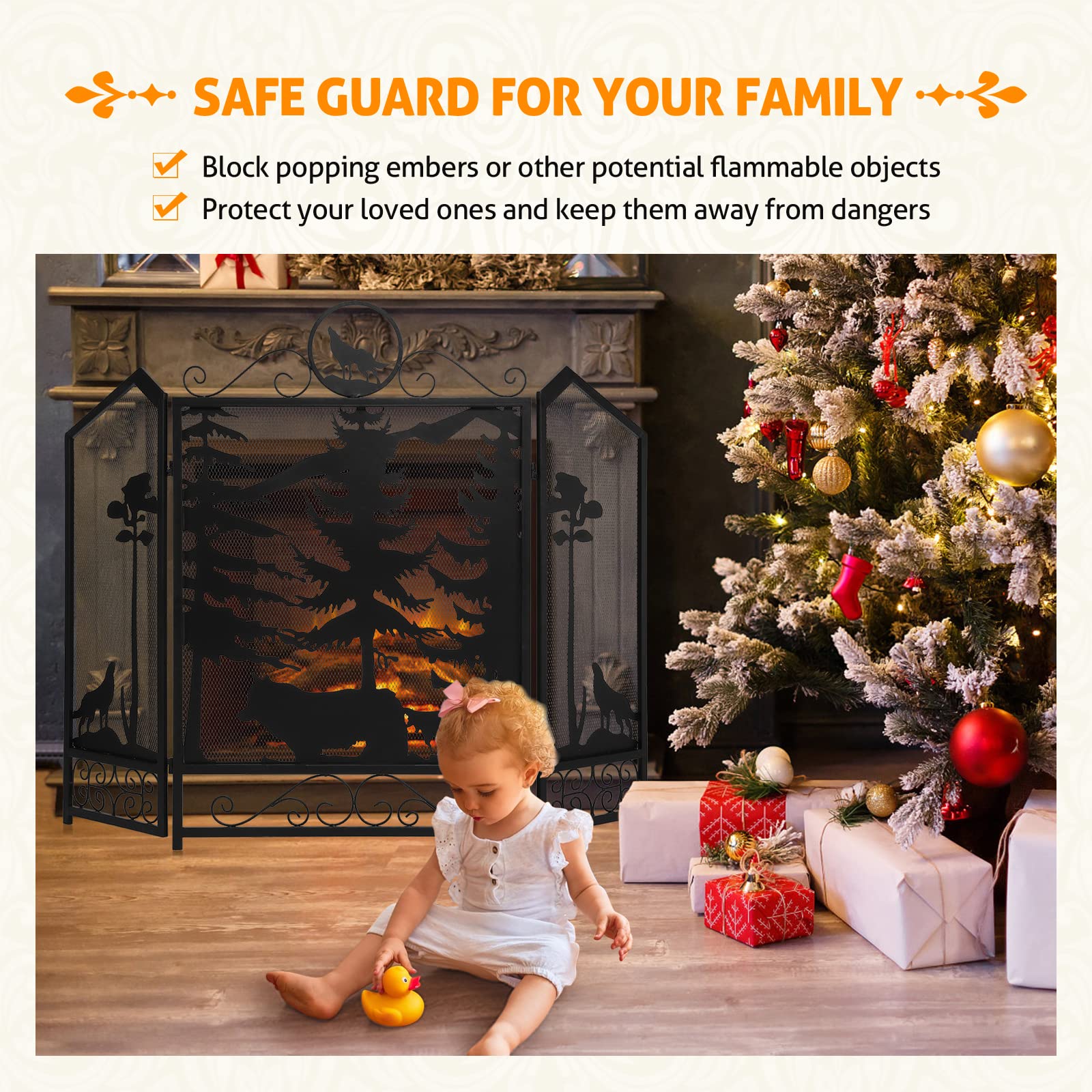Wichemi Fireplace Screen 3 Panel Fireplace Screens For Fireplace 44 X 33.5 Inch Metal Fireguards Mesh Cover Baby Safe Proof Fenc