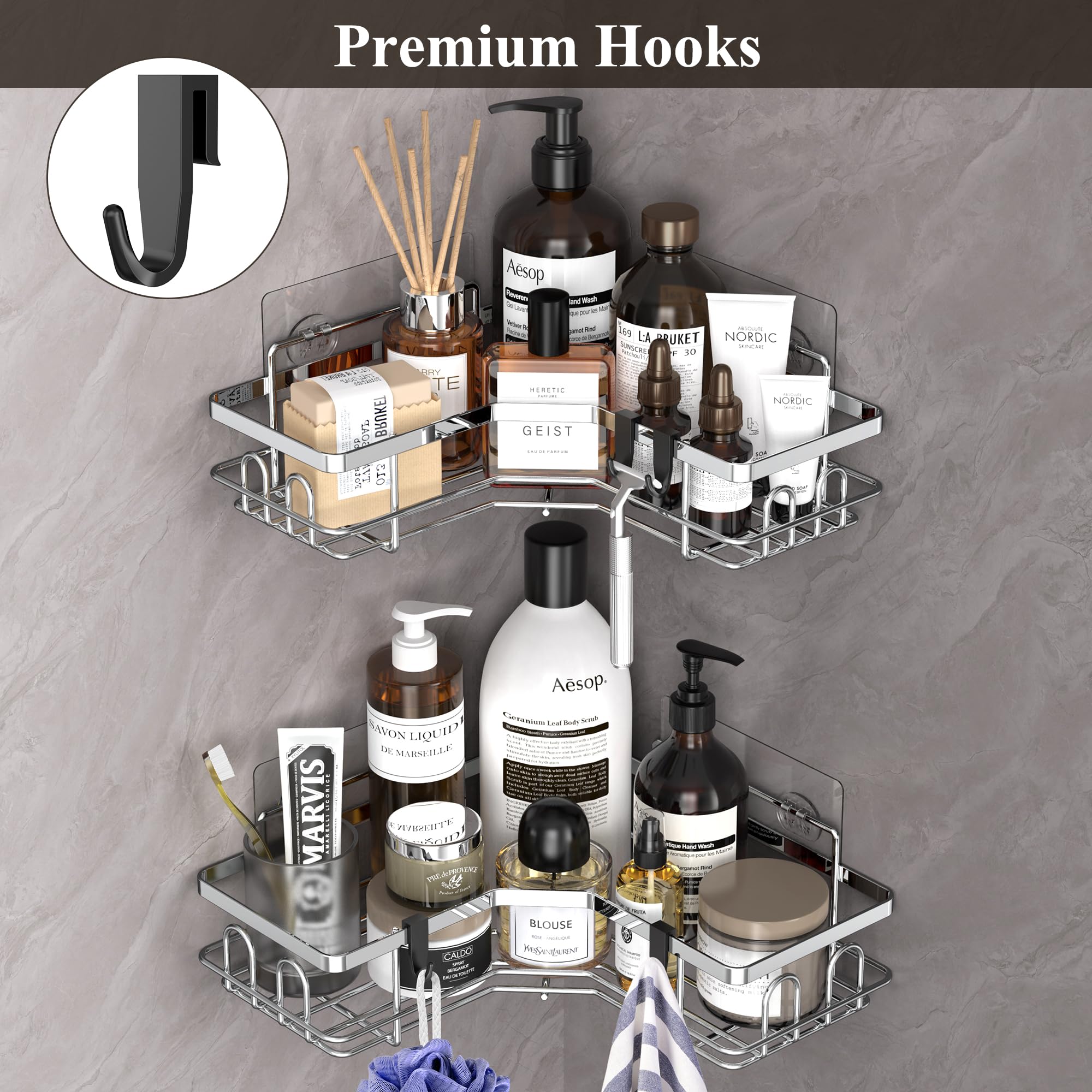 Huggiegems 3 Pack Corner Shower Caddy Organizer Shelf With Hooks, Silver Bathroom Shelves Storage Organization