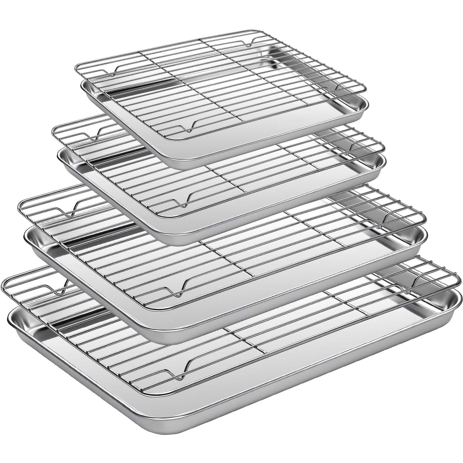 Baking Sheet Pan Set of 8, CEKEE Stainless Steel Cookie Sheets for Baking with Cooling Rack, Small/Quarter/Jelly Roll Pans, 9/10