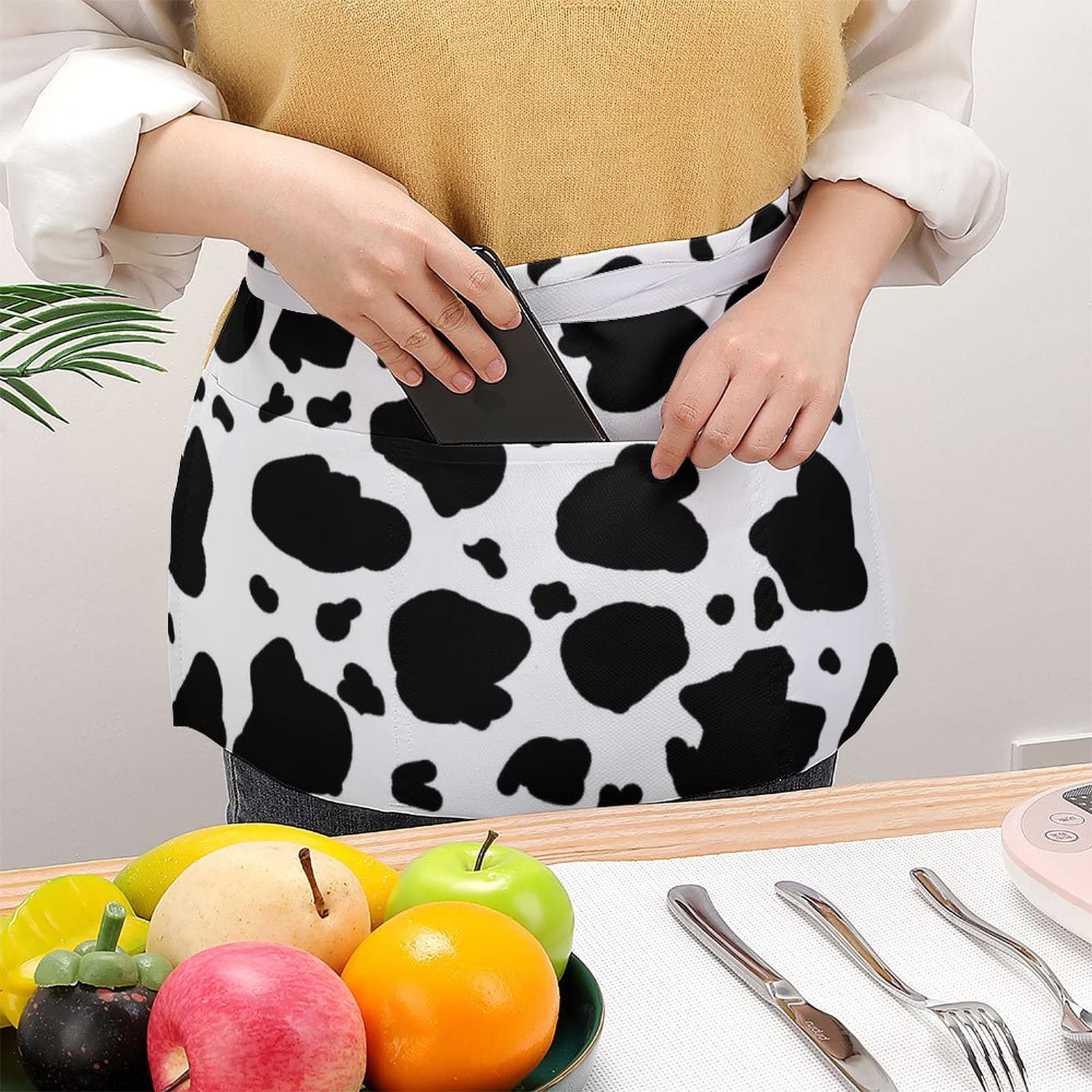 Cow Print Half Waist Apron With 3 Pockets Adjustable Chef Cooking Serving With Long Strap Aprons For Women Men Kitchen Restauran