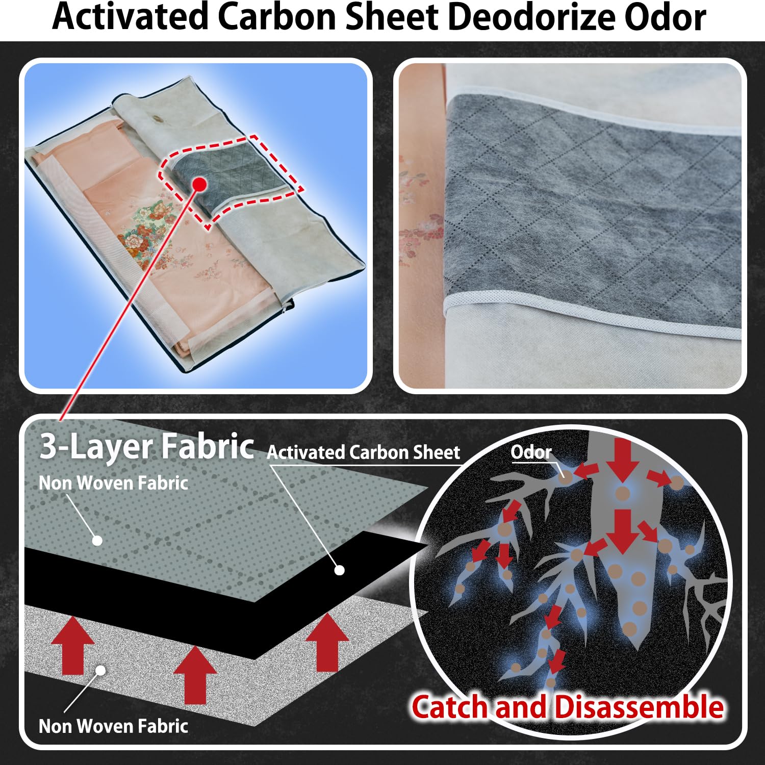 ASTRO Kimono Storage Case, Underbed Storage, 4-Piece Set, Activated Carbon, Zipper Closure, Window, Breathable Non-Woven Fabric,