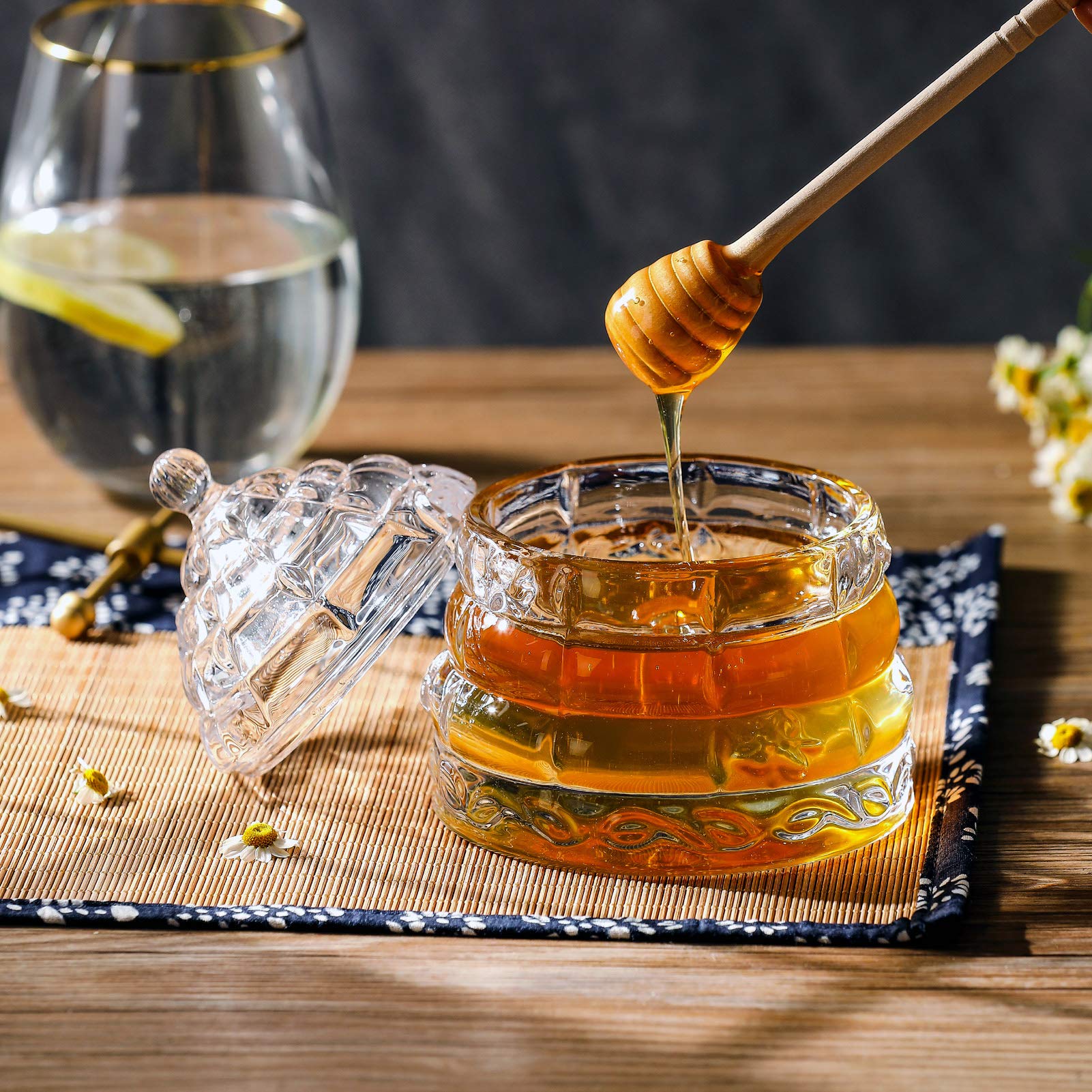 1500 C Tabletop Bee-Hive Glass Honey Jars With Dipper And Lid 10 Oz. Crystal Clear Heavy Glass Honey Pot Honey Containers Holder