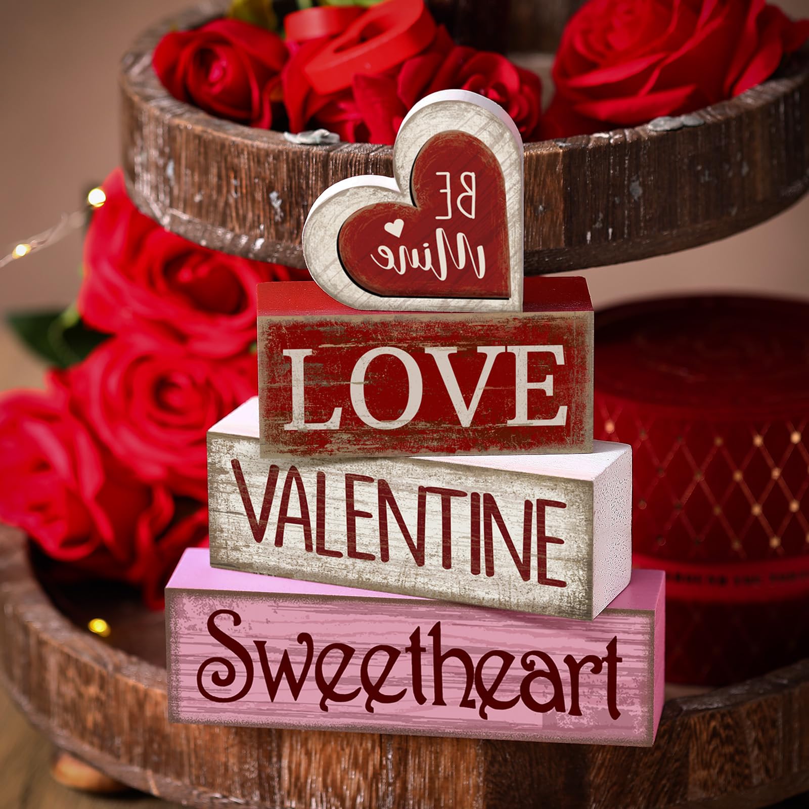 Lineshading 4 Pcs Valentine Table Decor Wooden Red Love Decoration, Valentine s Day Be Mine Centerpiece, Valentine Tiered Tray