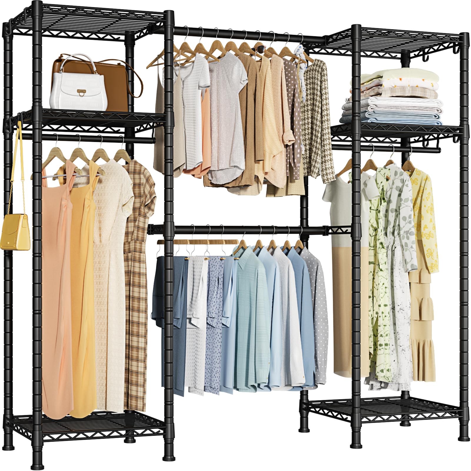 Ulif E7 Garment Rack, Heavy Duty Clothes Storage System With Extendable Hangers Rods, Metal Clothe Rack With 6 Wire Shelves, (52