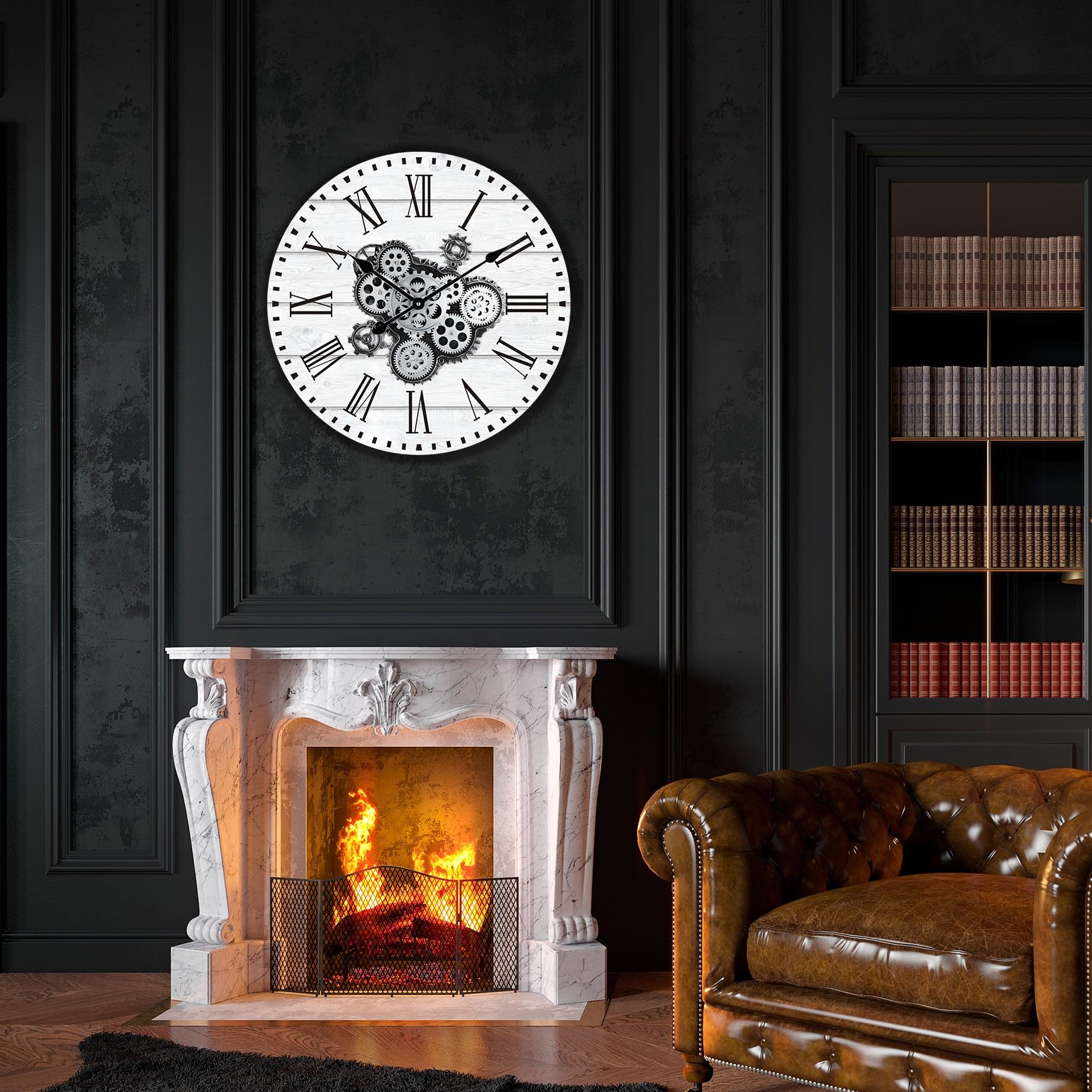 Lafocuse 23 Inch Roman Numeral Moving gears Wall clock Wooden Large Industrial Wall clock  White Oversize Farmhouse Vintage Wall clock for Living Room Decor Office