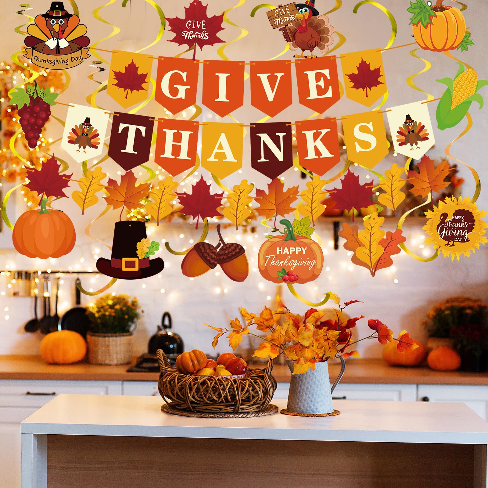 Epakh 51 Pcs Thanksgiving Party Decorations Give Thanks Banner Turkey Pumpkin Harvest Hanging Swirls Thanksgiving Party Ceiling