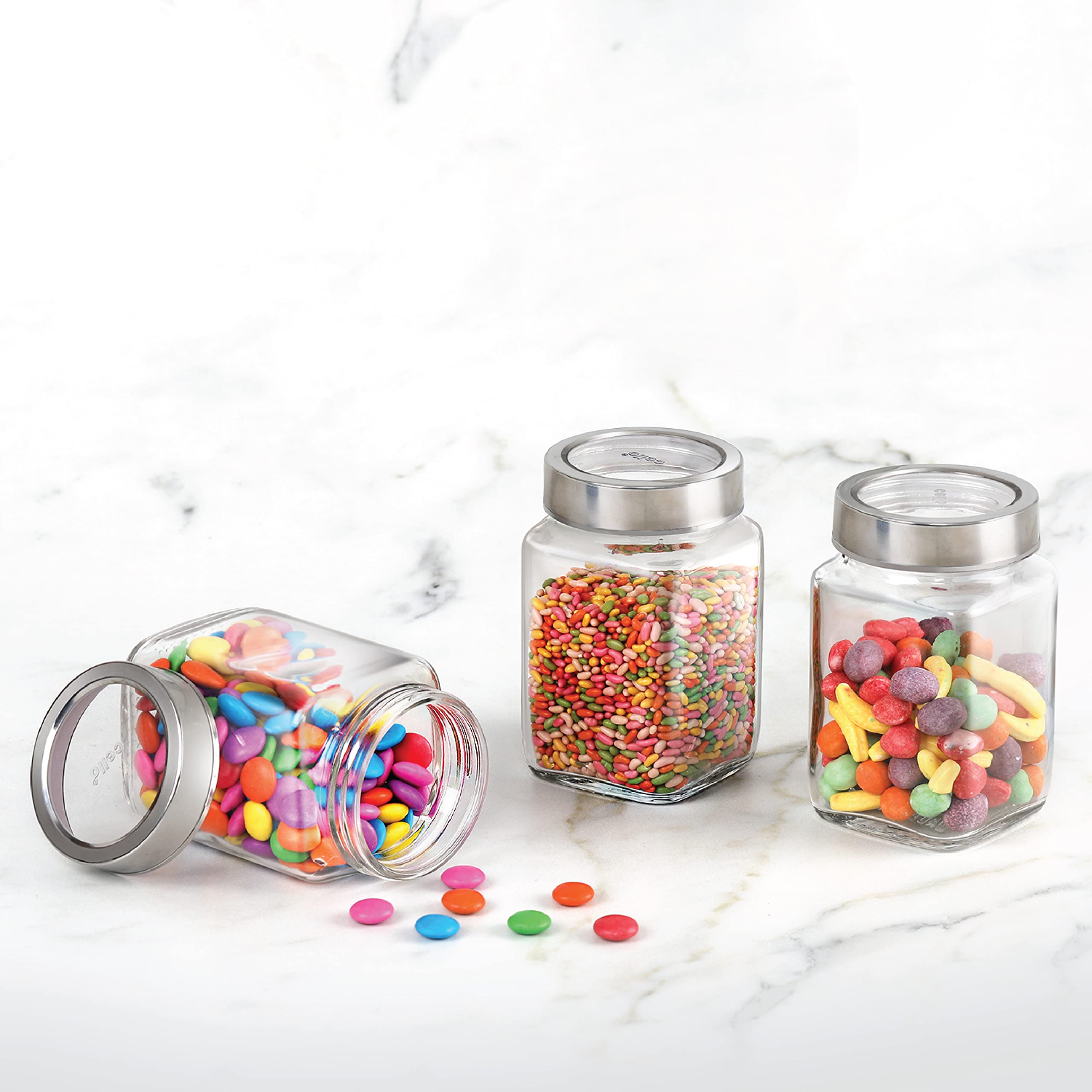 Cello Qube Fresh Glass Storage Jar With See Through Lid Set Of 3, (300 Ml X 3), Transparent | Food Grade, Stackable, Easy Storag