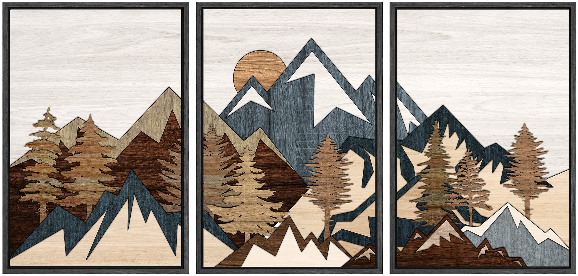 Signwin Framed Canvas Print Wall Art Set Country Woodcut Style Mountain Forest Nature Wilderness Illustrations Modern Art Decora