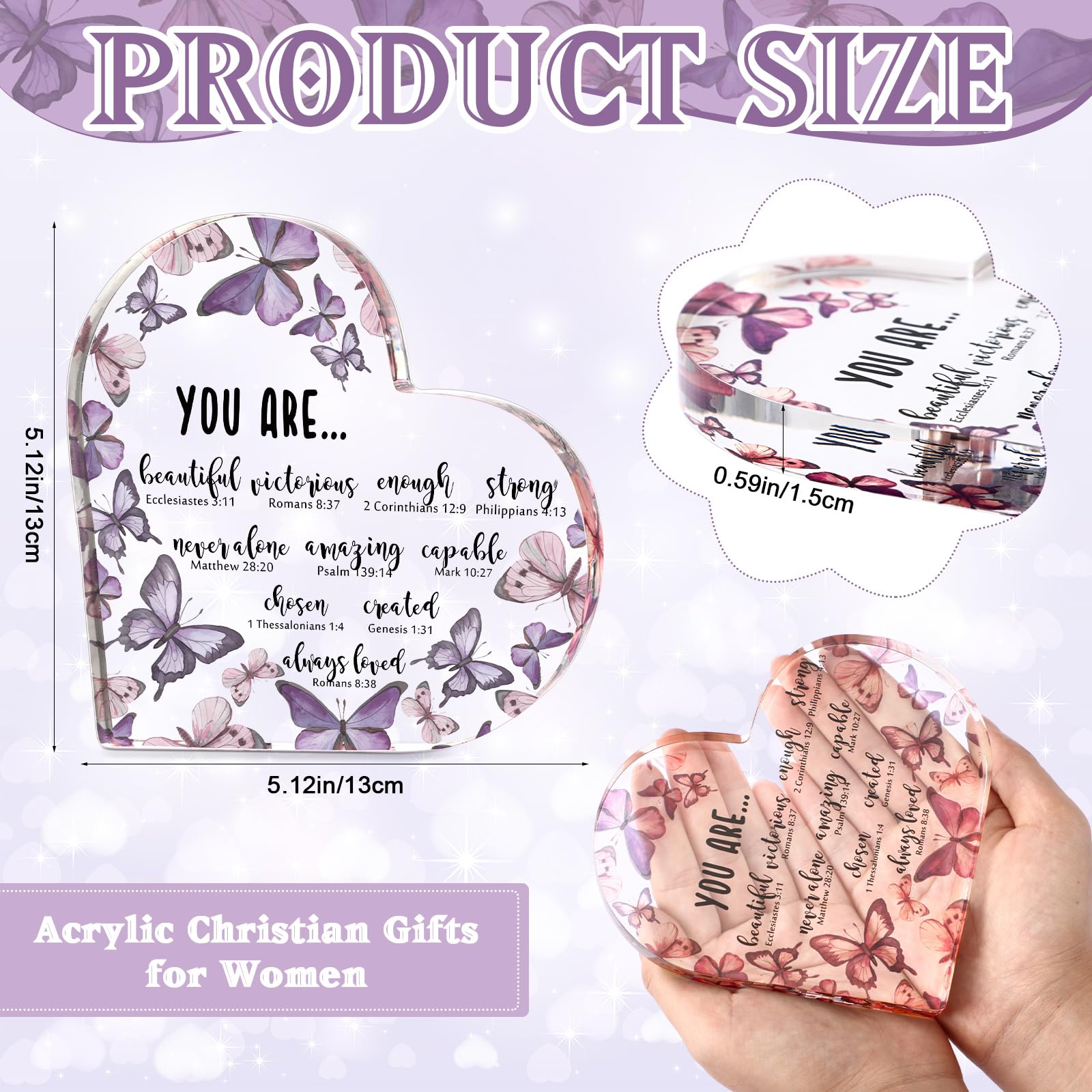 Lineshading Christmas Christian Gifts for Women Purple Butterfly Christian Desk Decor Inspirational Acrylic Heart Plaques Religi