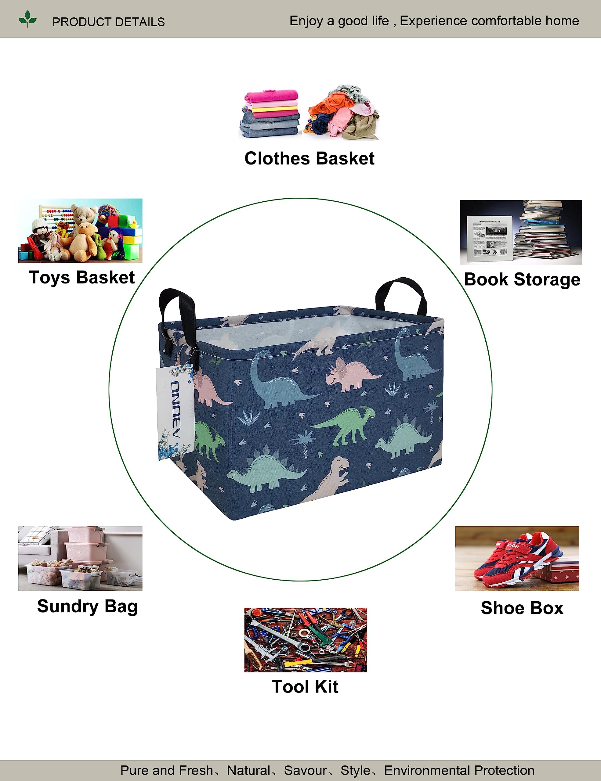 ONOEV Rectangular waterproof laundry basket foldable storage basket laundry Hampers with handle gift basket suitable for children's room and toy storage (Blue Dinosaur)