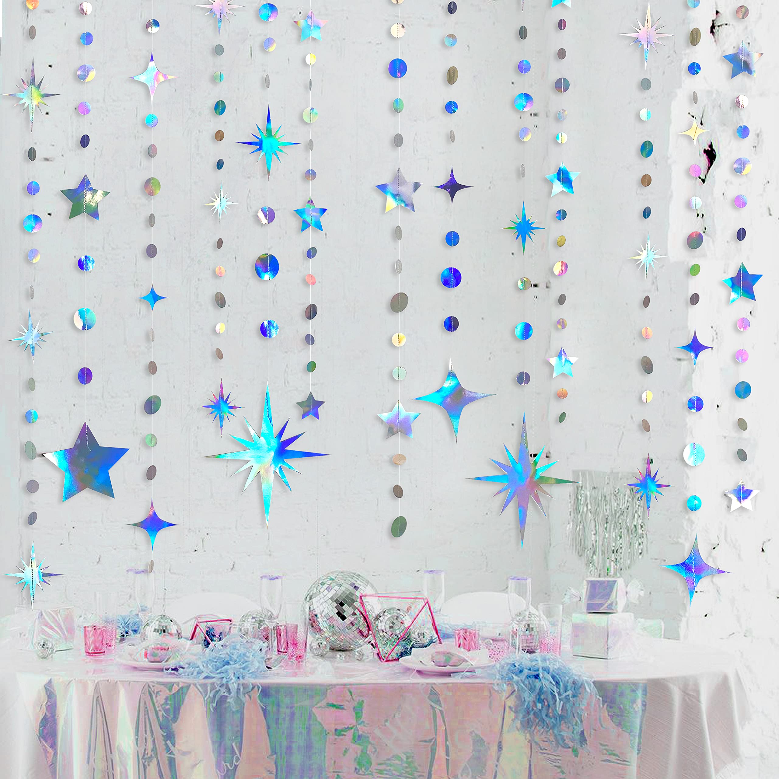 Iridescent Party Decorations Star Circle Dot Paper Garland Banner Bunting Streamer Metallic Hanging Twinkle Star Decoration For