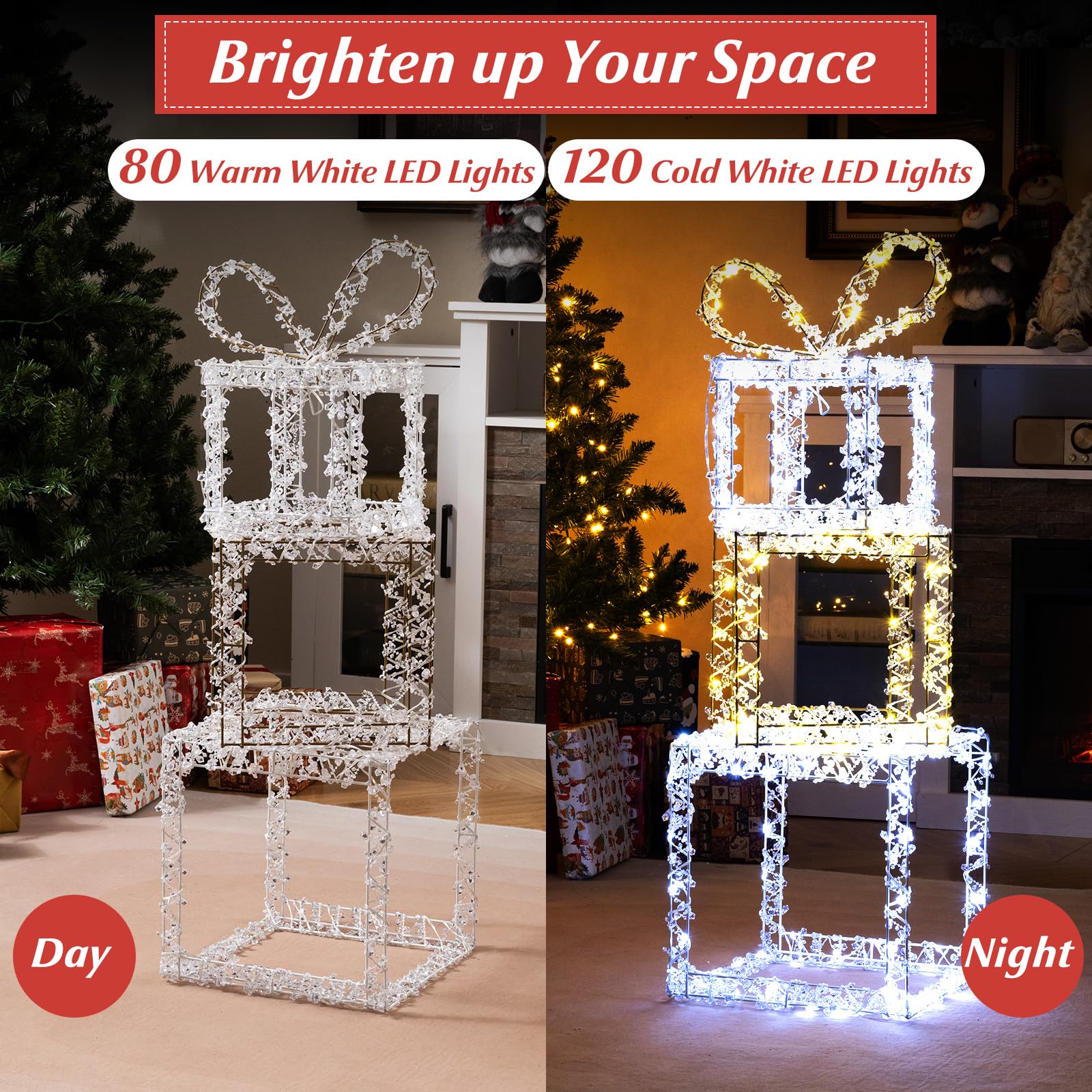 Tangkula 4 FT Lighted Stacked Gift Boxes, Light up Box Tower Christmas Decorations with Built-in LED Lights & Decorative Bows, I